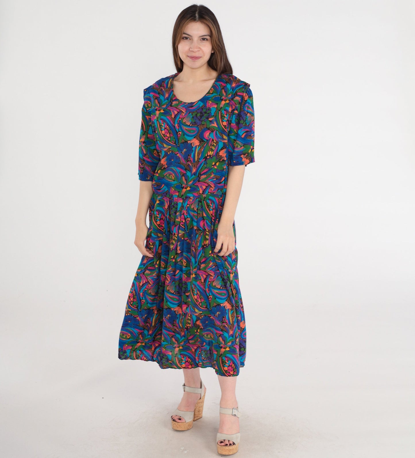 80s Paisley Floral Rayon Dress Drop Waist Pleated Midi Blue Pink Large L