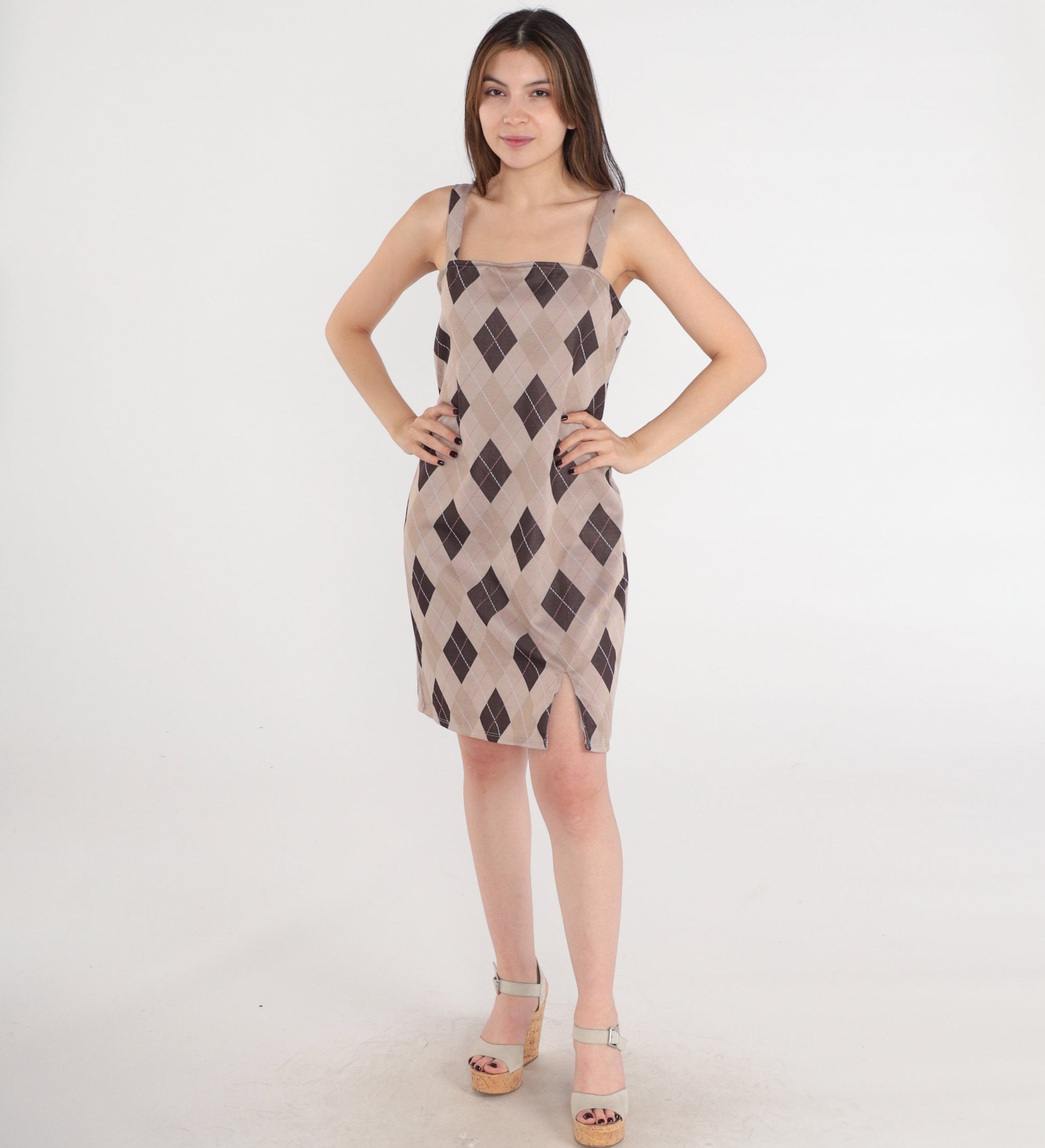 Y2K Tan Argyle Checkered Mini Sundress Spaghetti Strap Shift Small Medium