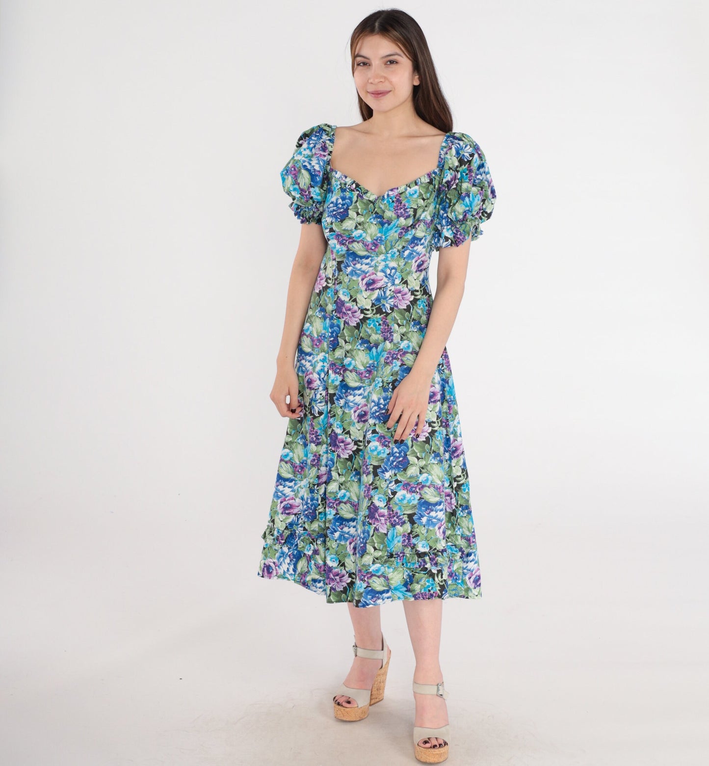 80s Floral Midi Dress Puff Sleeve Sweetheart Neckline Blue Purple Medium
