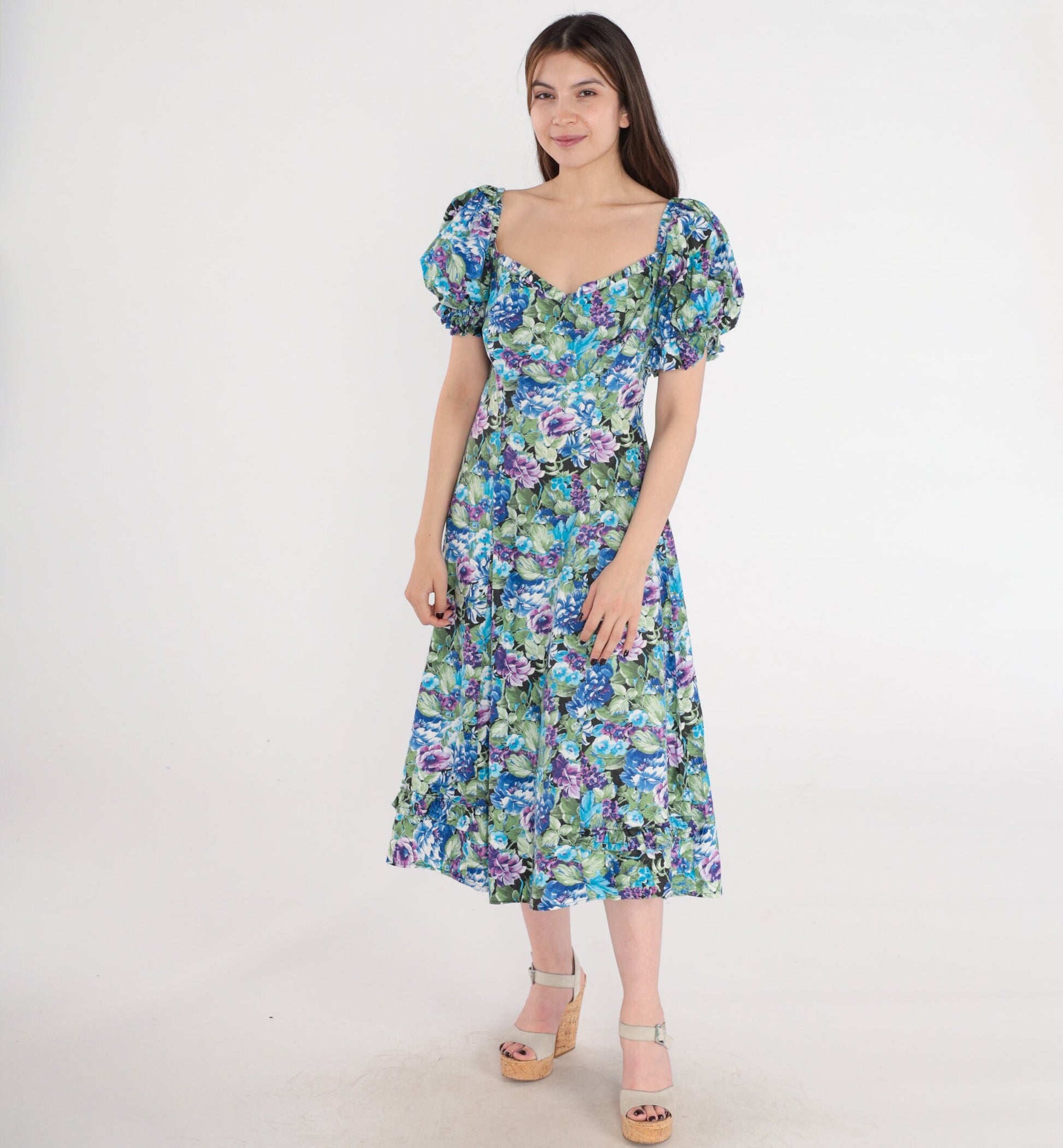 80s Floral Midi Dress Puff Sleeve Sweetheart Neckline Blue Purple Medium