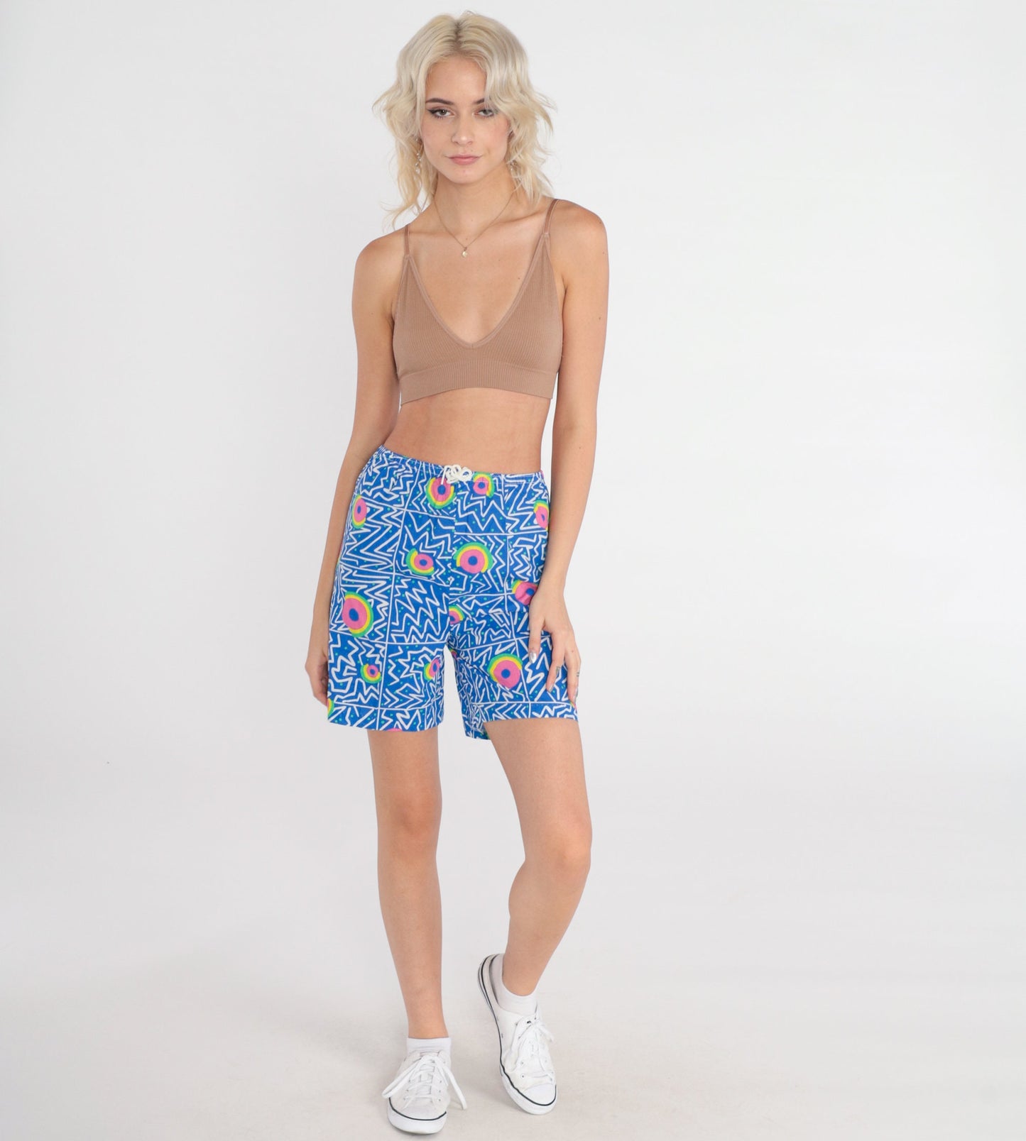 90s Blue Abstract Print Shorts High Drawstring Waist Wide Leg Extra Small