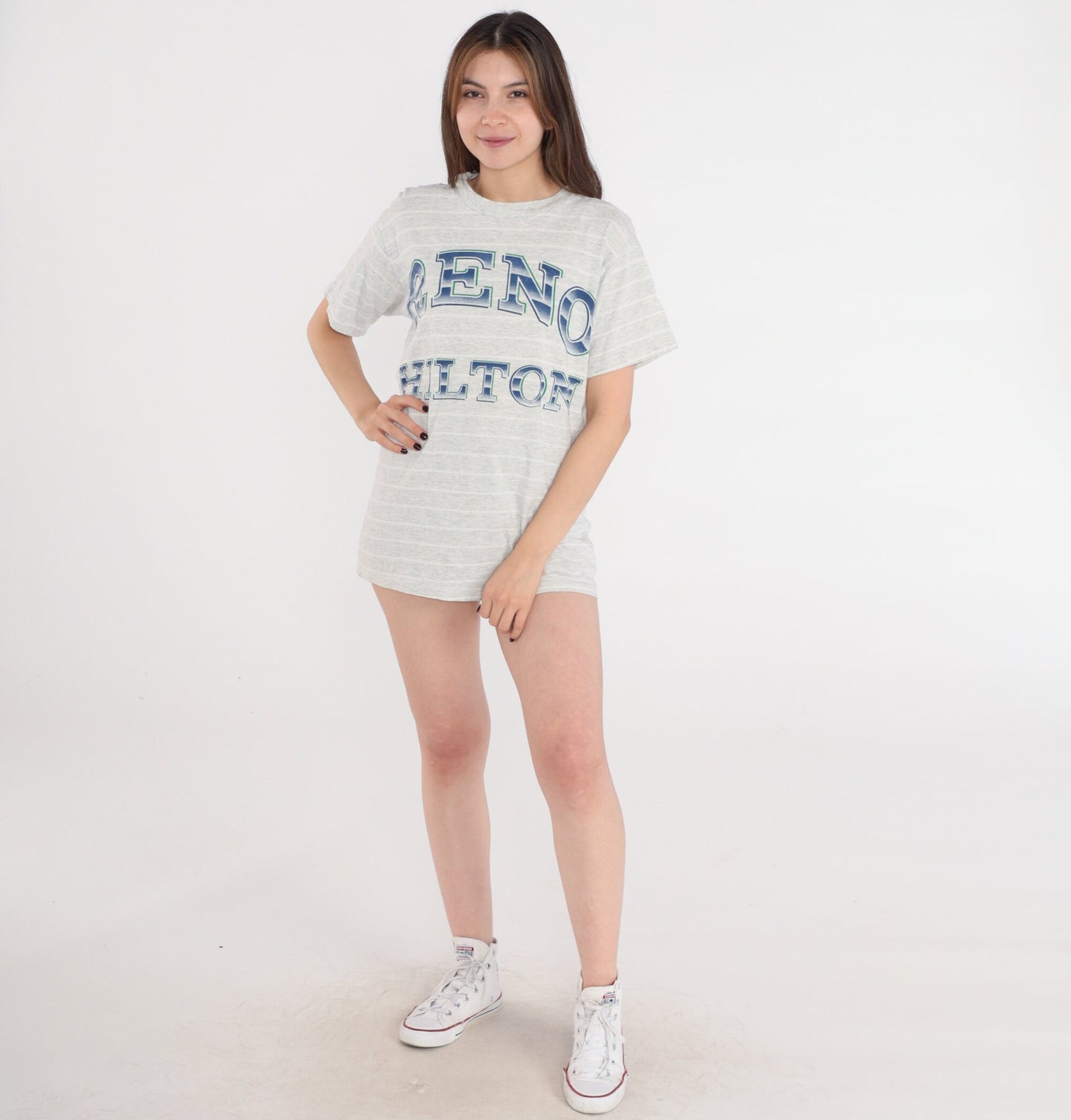 90s Reno Hilton Nevada Hotel Graphic T-Shirt Grey Striped Medium