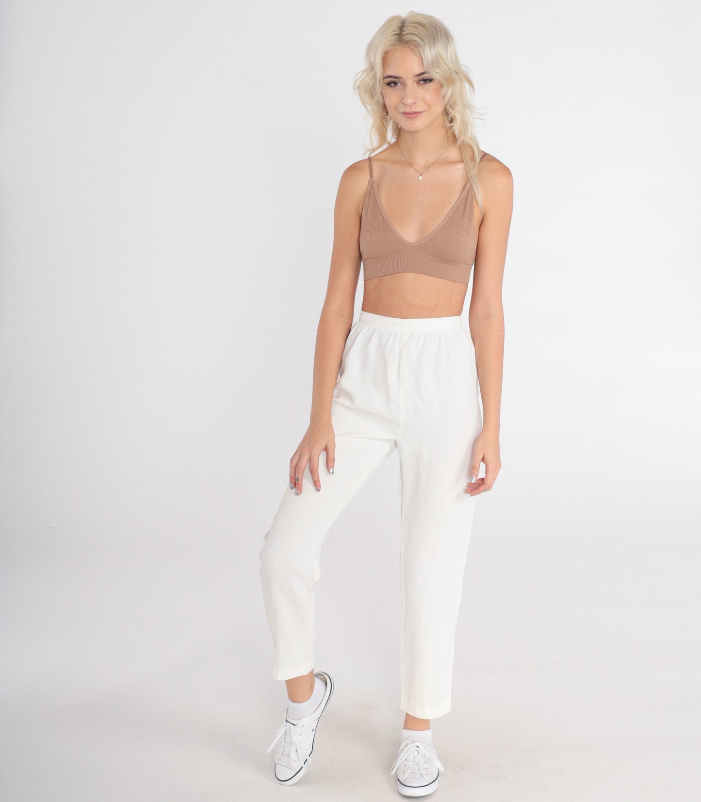 70s White High-Waisted Tapered Ankle Pants Extra Small