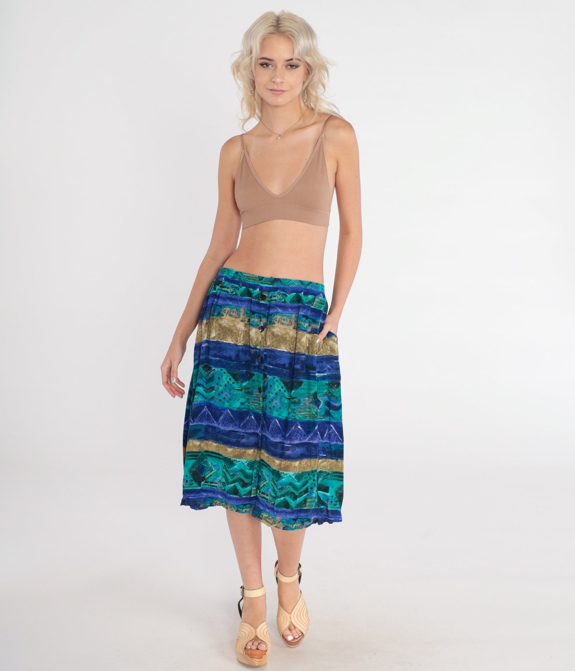 90s Abstract Striped Midi Skirt Button Front Blue High Waist Extra Large XXL