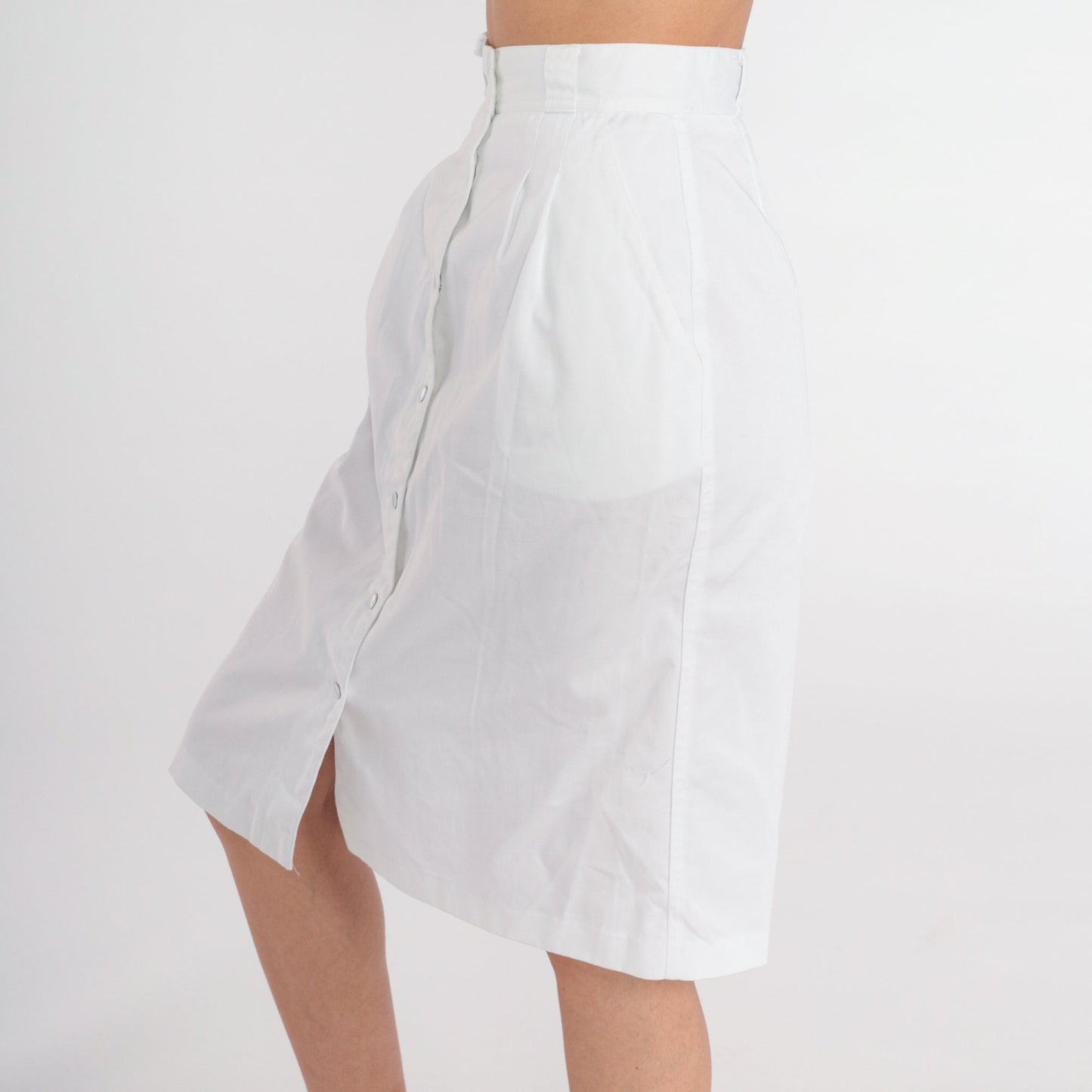 80s Chaus Petites White Snap-Front Pencil Skirt High Waist Knee Length Extra Small