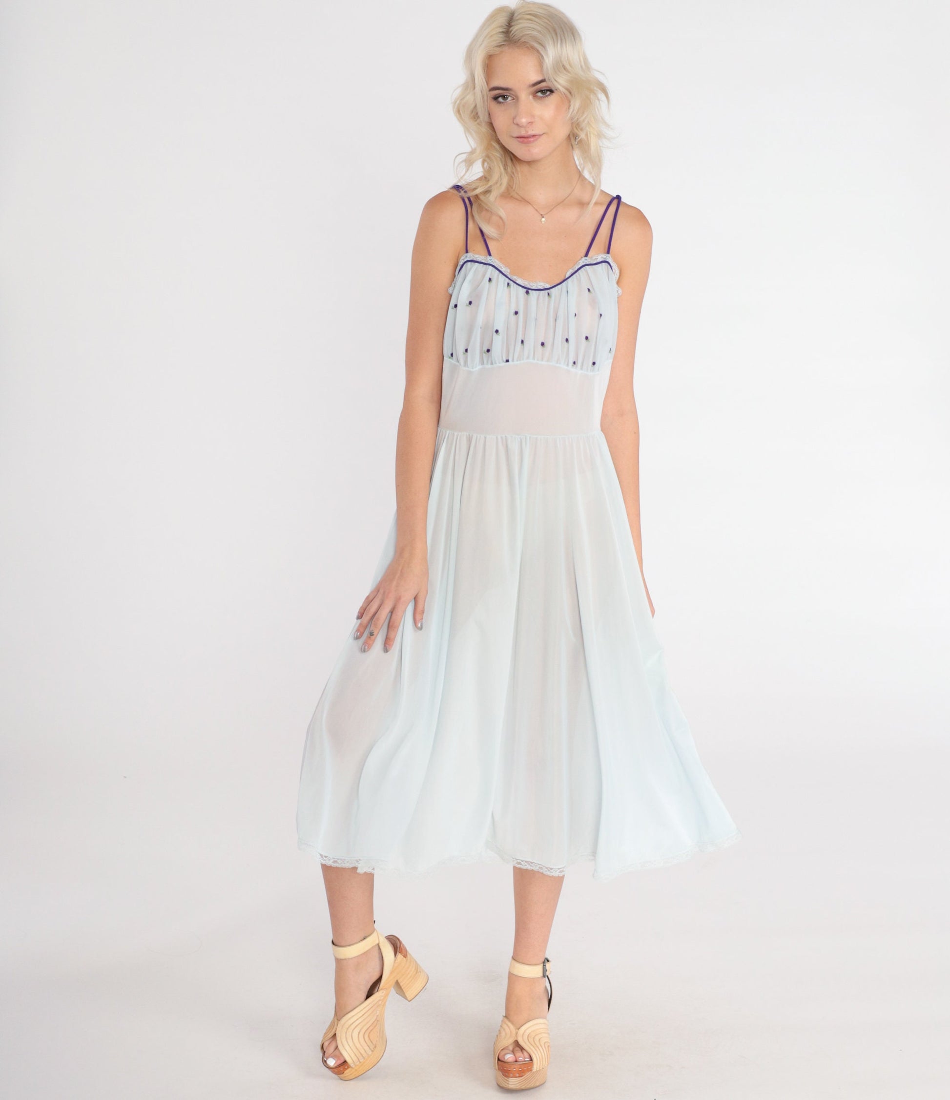70s Sheer Blue Nightgown Floral Embroidered Lace Trim Empire Waist Midi Small