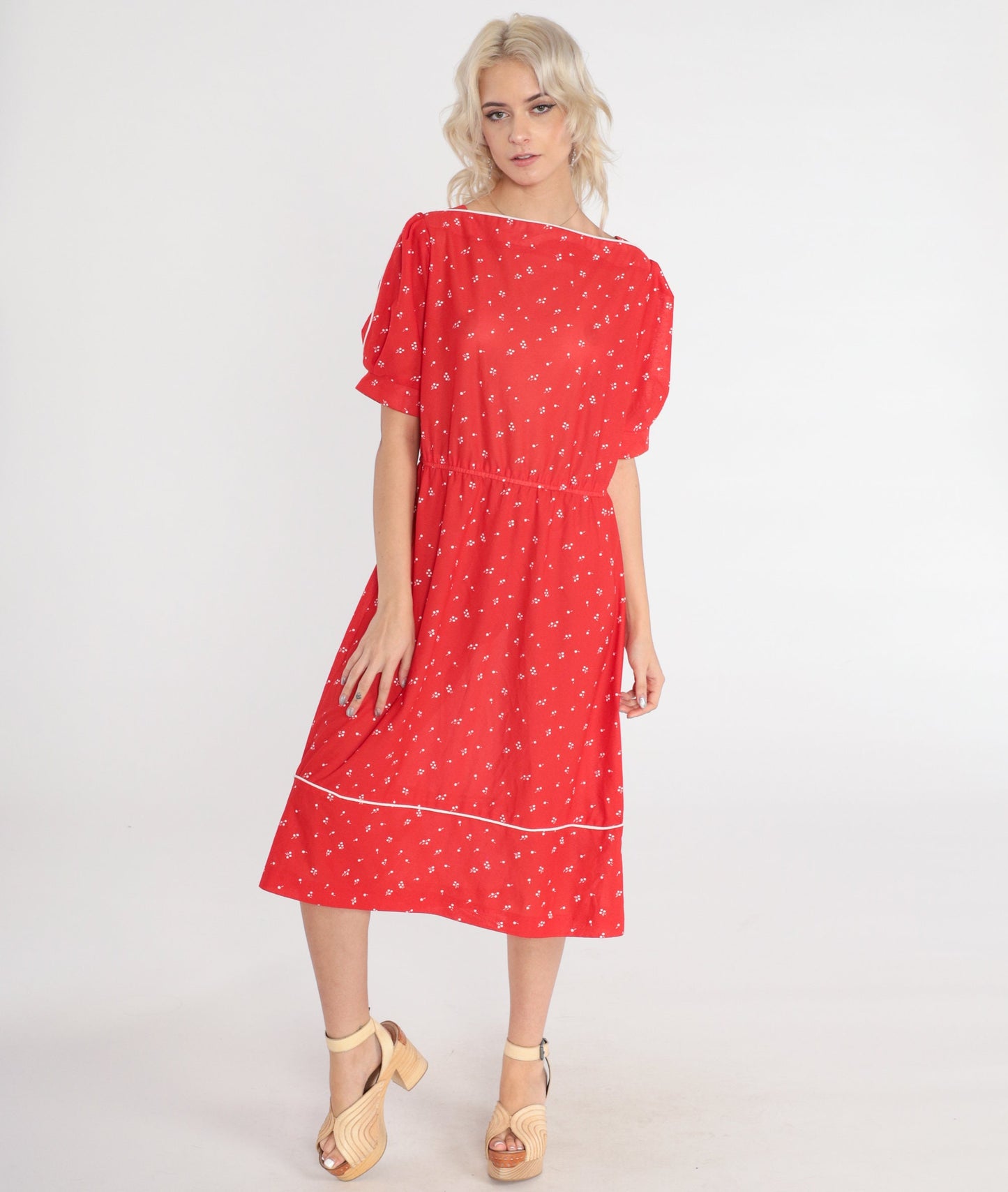 70s Red Floral Midi Dress White Flower Print High Waist Puff Sleeve Medium Large