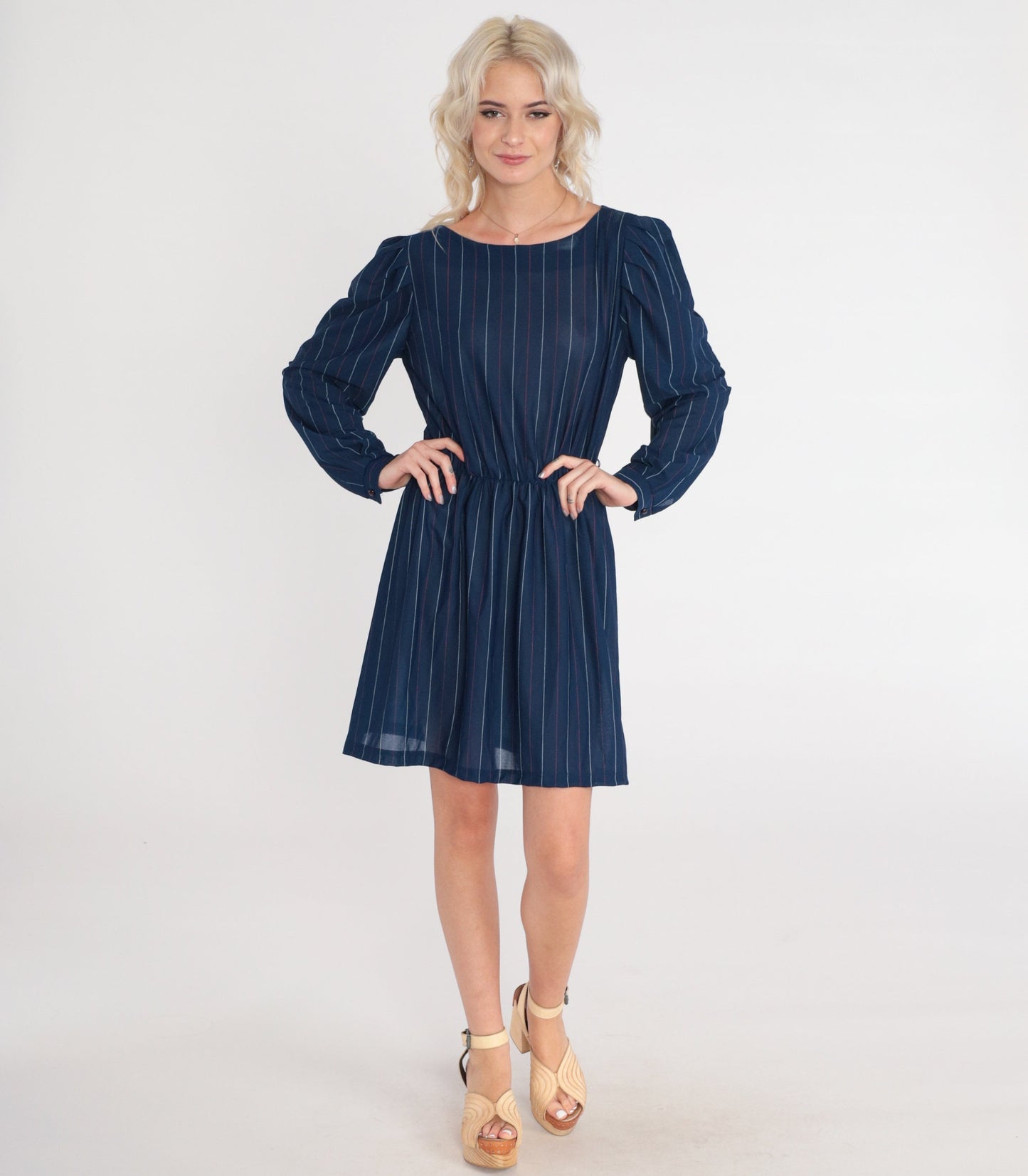 70s Navy Pinstriped Mini Dress Puff Sleeve High Waist Keyhole Back Small Medium