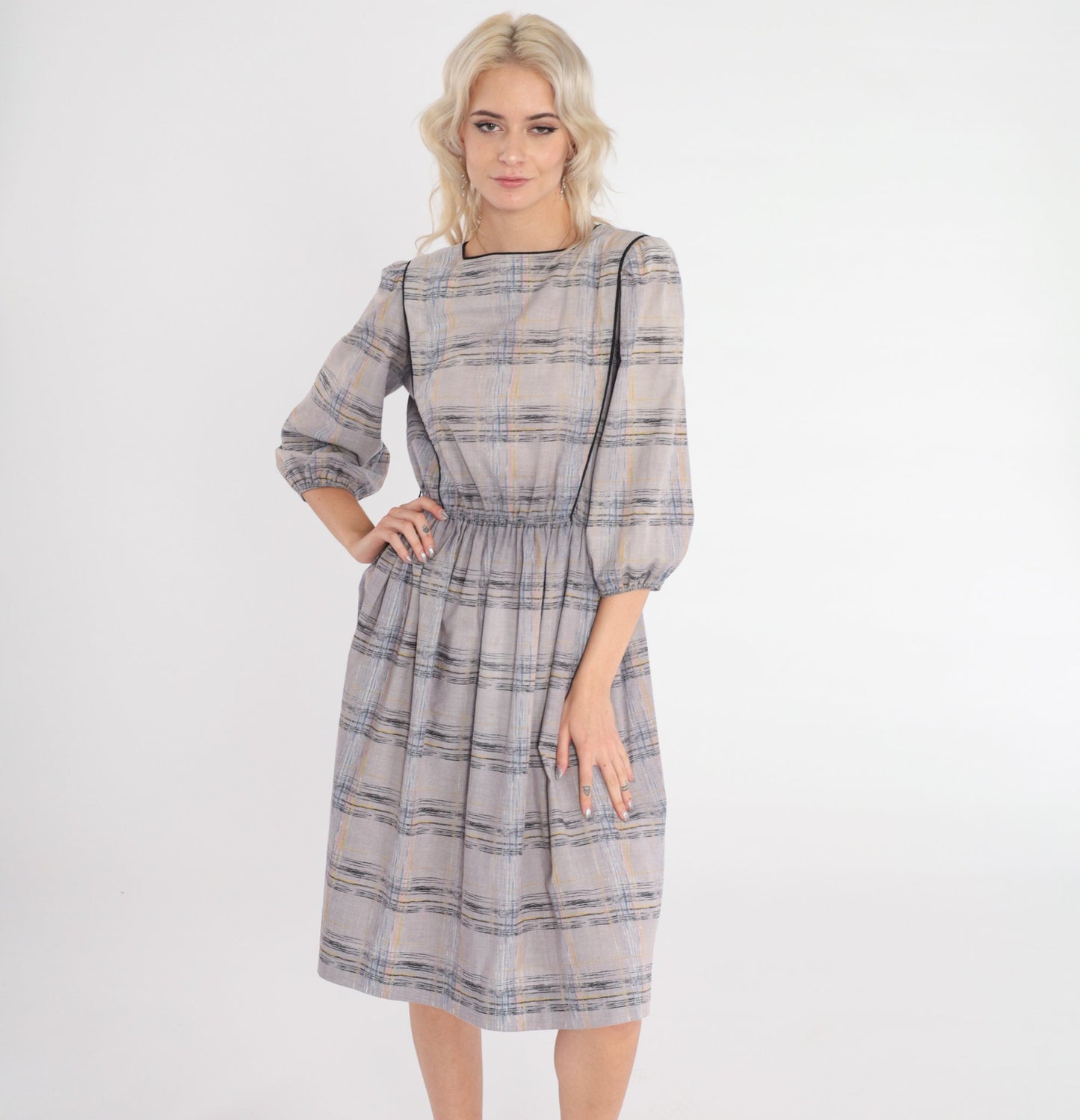 80s Leslie Faye Midi Dress Grey Checkered Puff Sleeve High Waisted Small