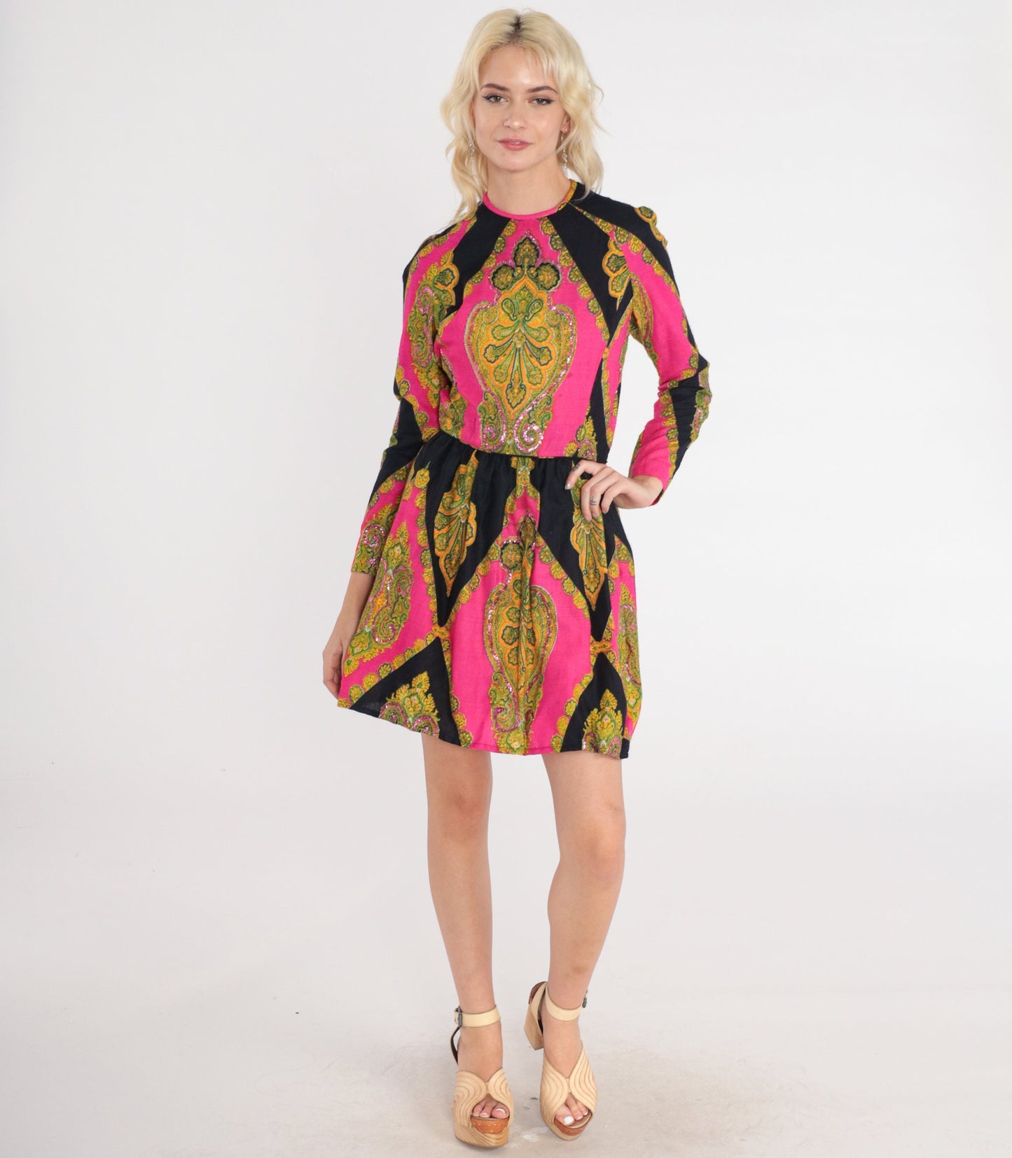 70s Don Sophistics Sequin Mini Dress Indian Floral Paisley Color Block Pink Black Small