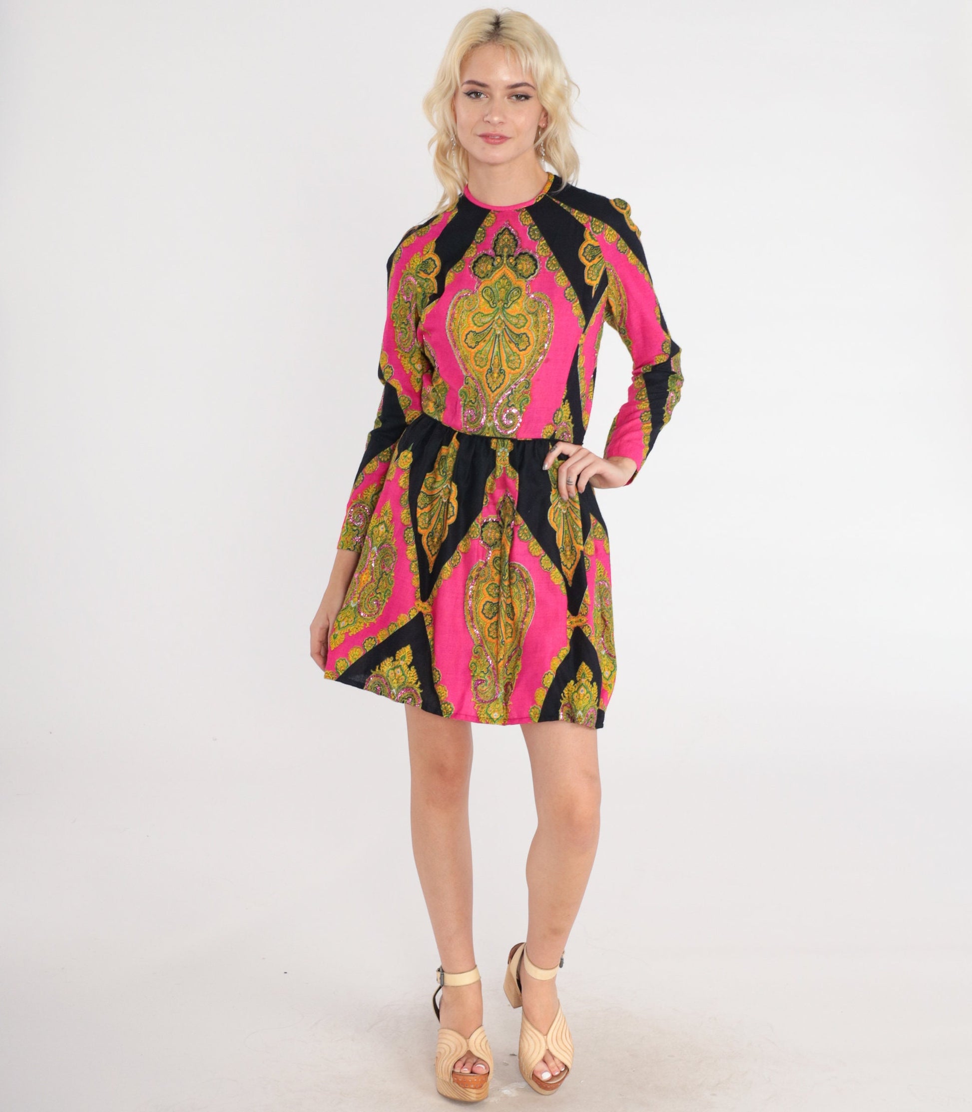 70s Don Sophistics Sequin Mini Dress Indian Floral Paisley Color Block Pink Black Small