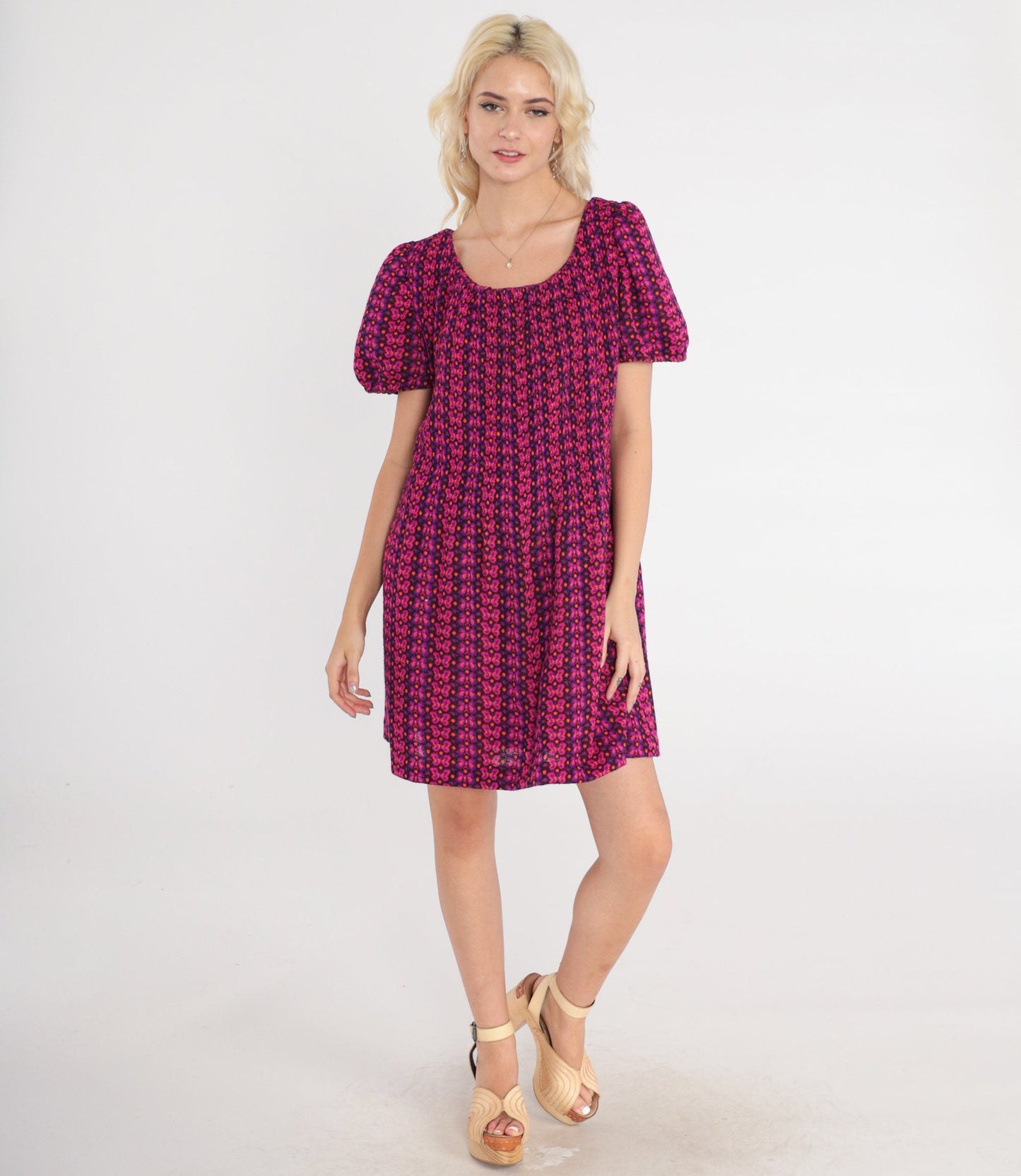 60s Butterfly Print Shift Dress Puff Sleeve Mini Pink Purple Orange Medium Large