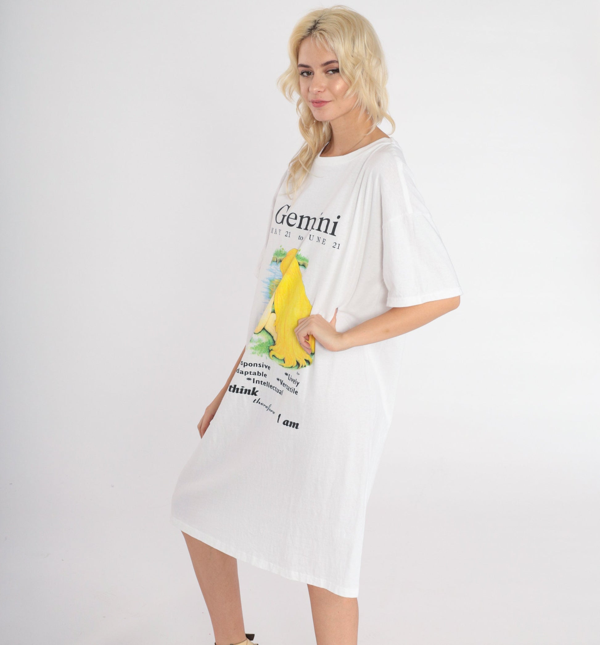 90s Gemini Zodiac Graphic T-Shirt Dress White Cotton Mini Small