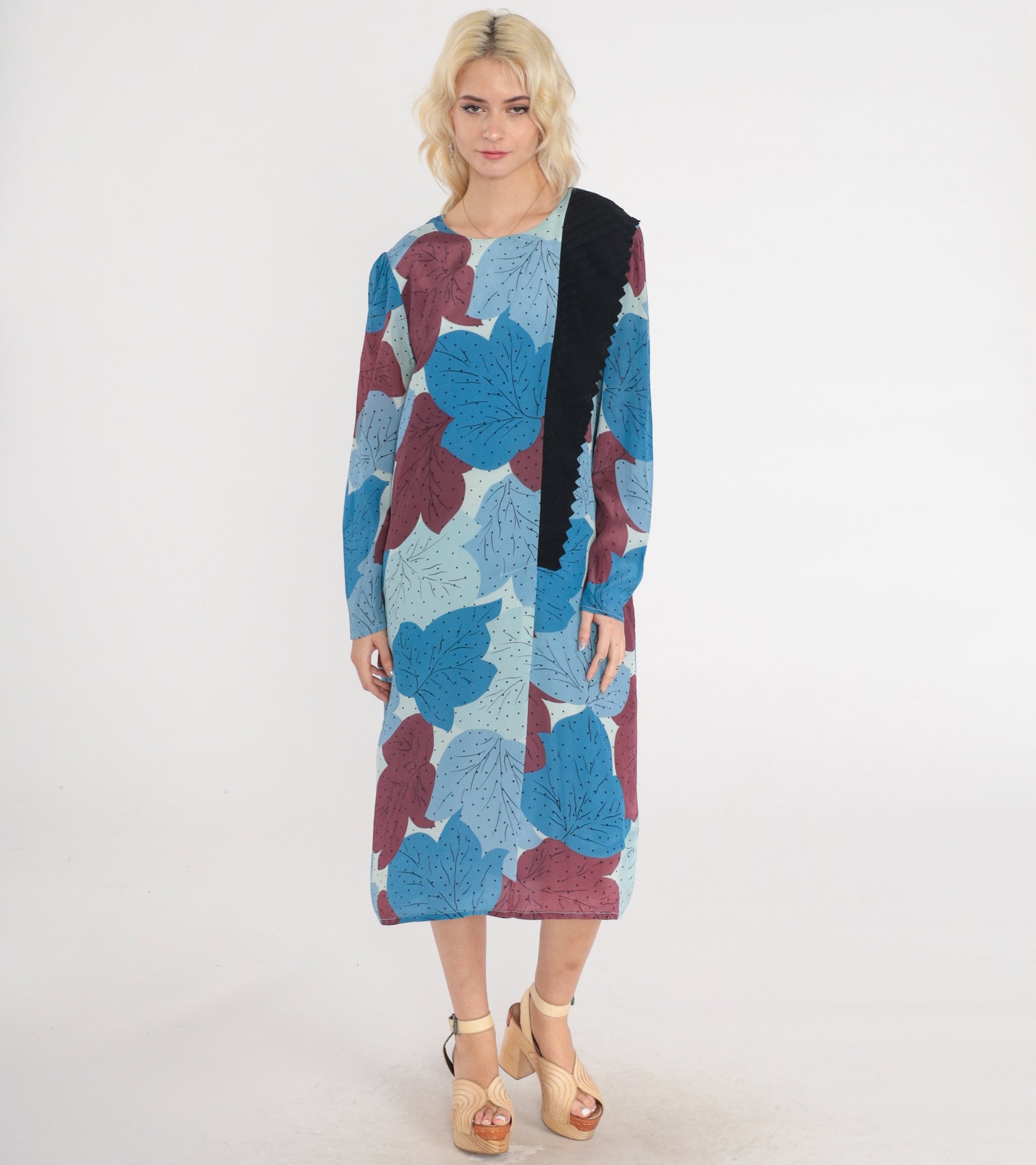 80s Leaf Polka Dot Midi Dress Long Sleeve Black Layered Shift Large L