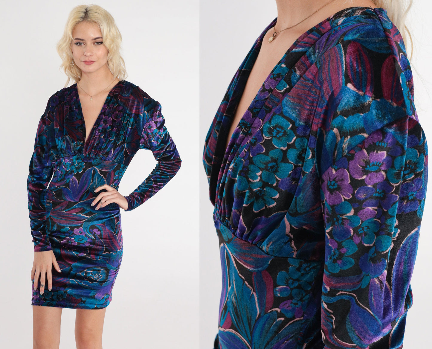 90s Floral Velvet Mini Dress Long Sleeve Empire Waist Blue Purple 2XS