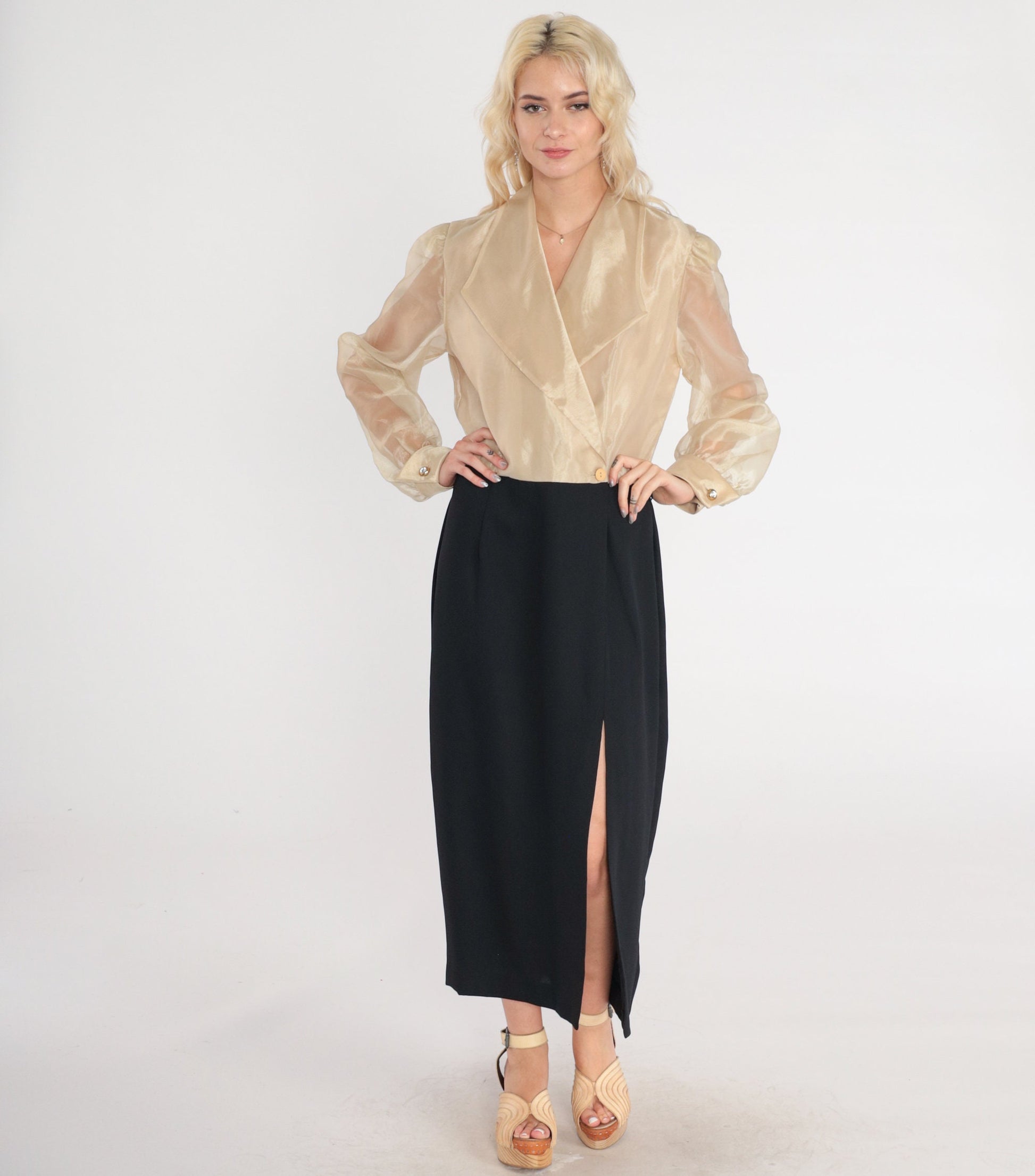 90s Metallic Gold Black Maxi Dress Sheer Sleeve Wrap Collar High Slit Small