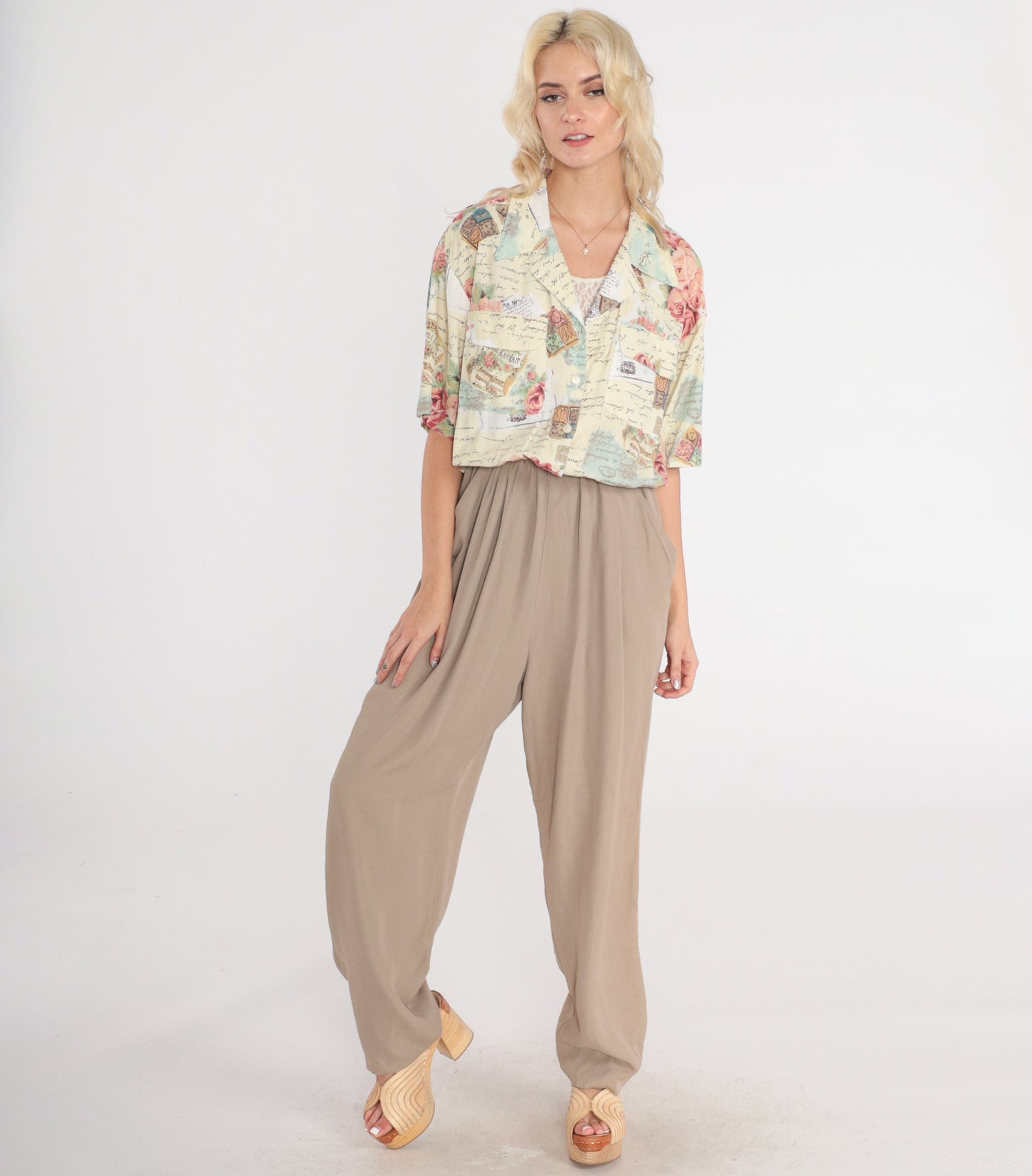 80s Jumpsuit Abstract Floral Rose Print High-Waisted Tapered Tan Medium Large