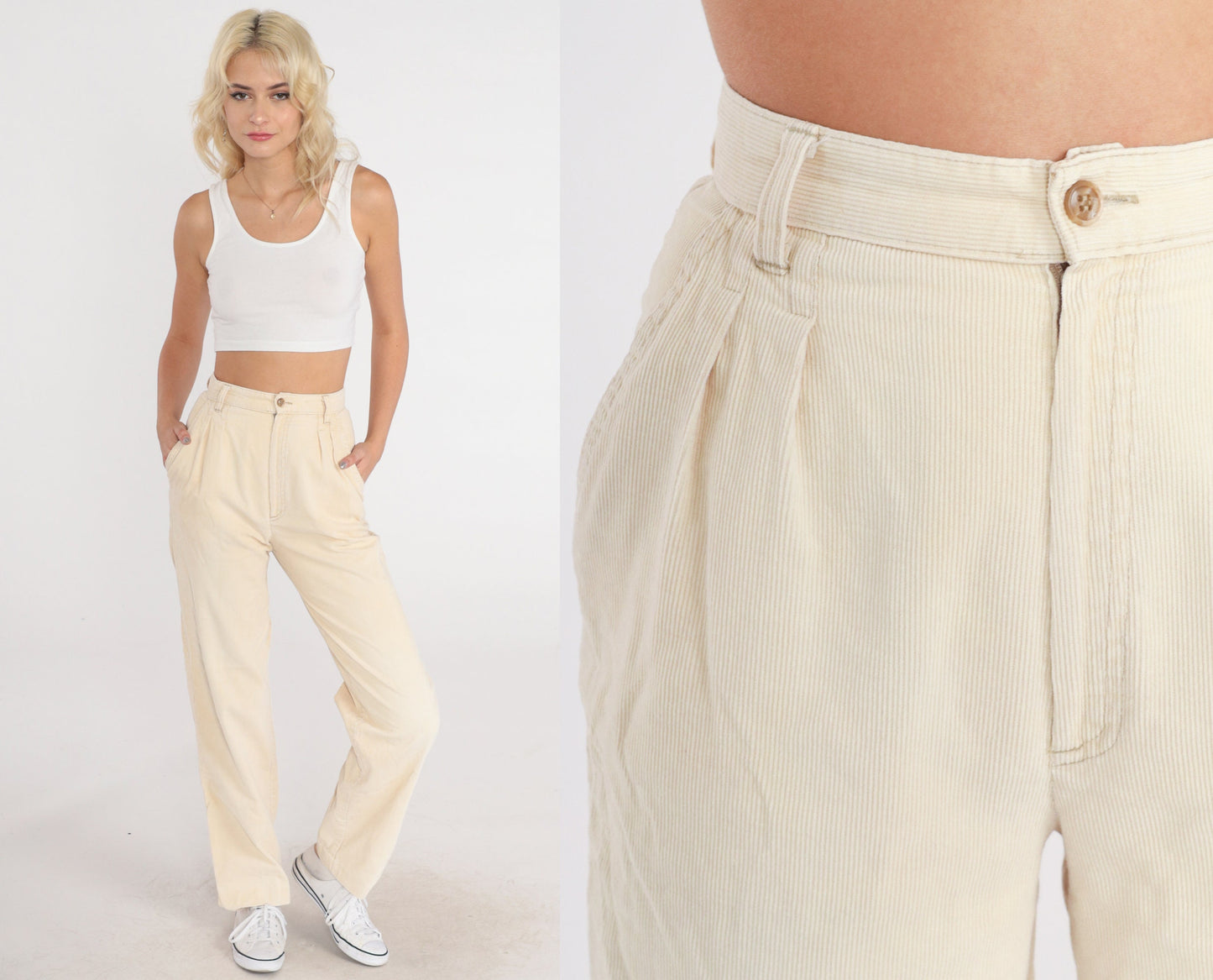 80s Present Co. Pleated Corduroy High-Waist Trousers Cream Straight Leg Extra Small