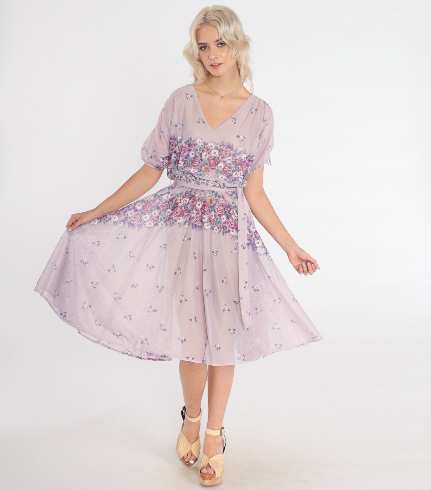 70s Lavender Floral Midi Dress High Waisted Sheer Purple Small Medium