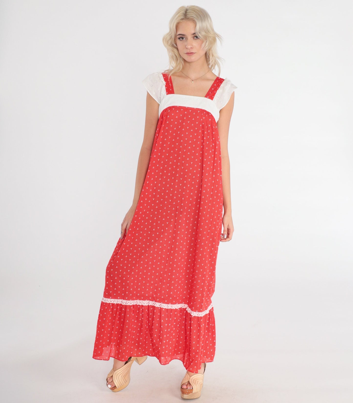 70s Red Maxi Dress Polka Dot Bow Print Eyelet Lace Cap Sleeve Extra Small