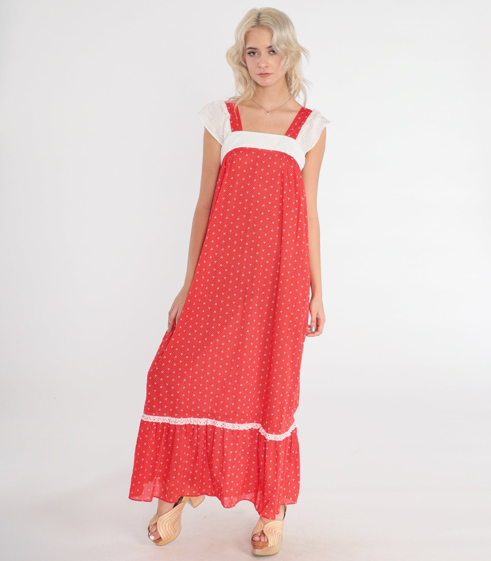 70s Red Maxi Dress Polka Dot Bow Print Eyelet Lace Cap Sleeve Extra Small