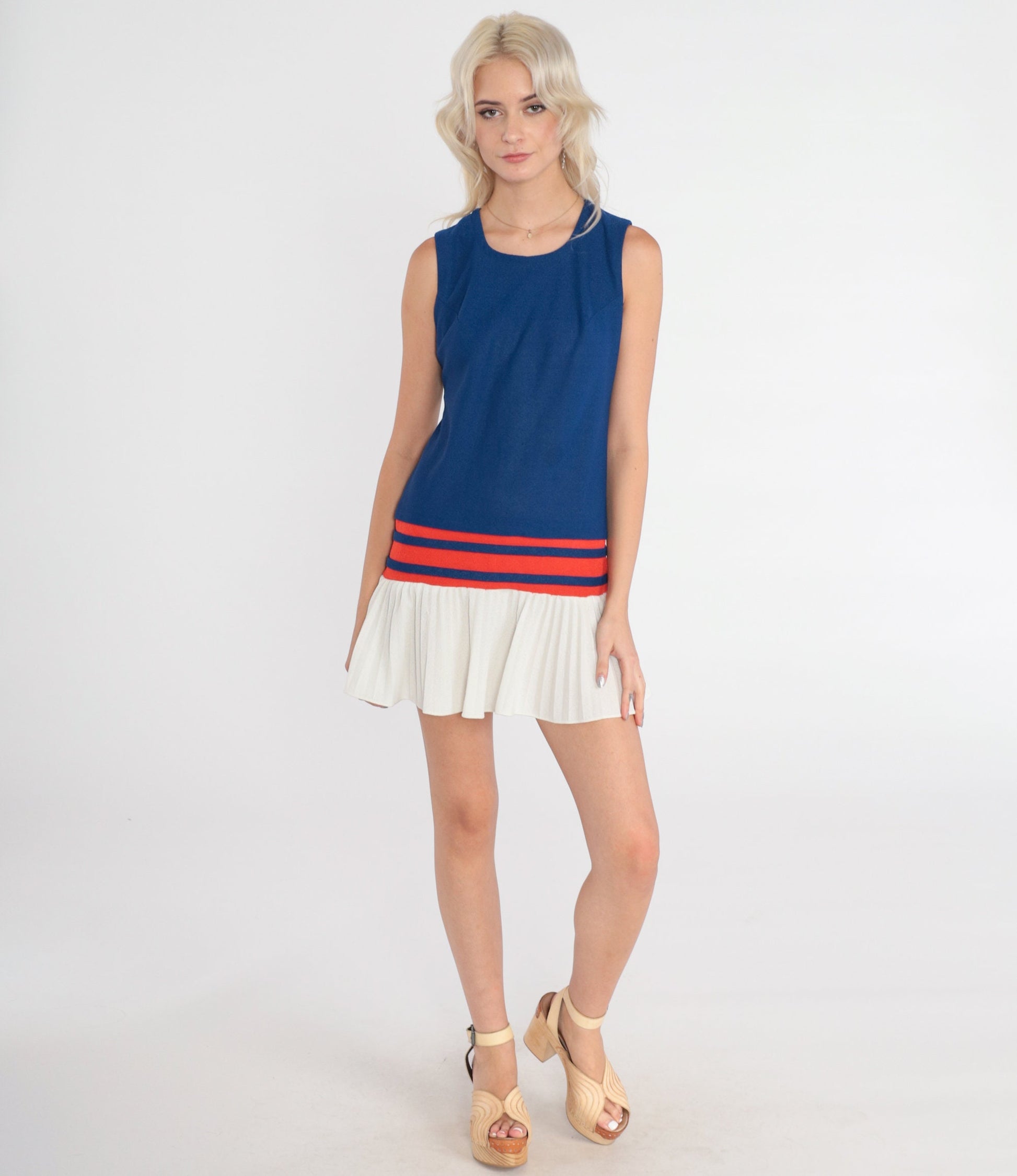 60s Candi Jones Mod Mini Dress Drop Waist Pleated Blue Red White XS