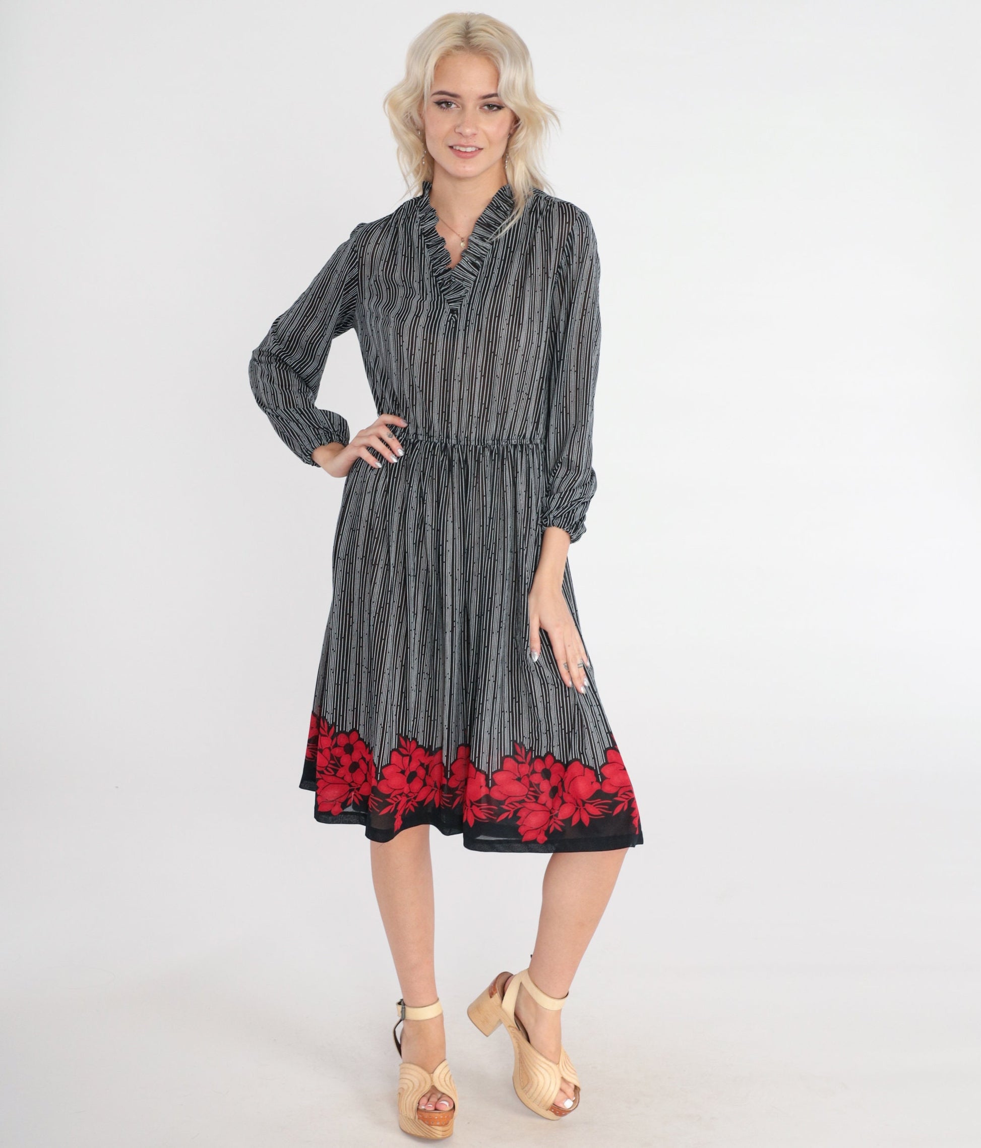 70s Striped Floral Midi Dress Black White Red Flower Print Long Sleeve Small