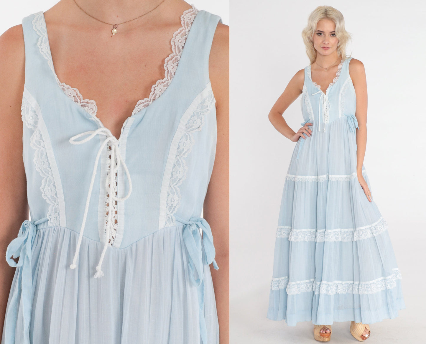 70s Gunne Sax Baby Blue Maxi Dress Lace-Up Bodice Tiered Small