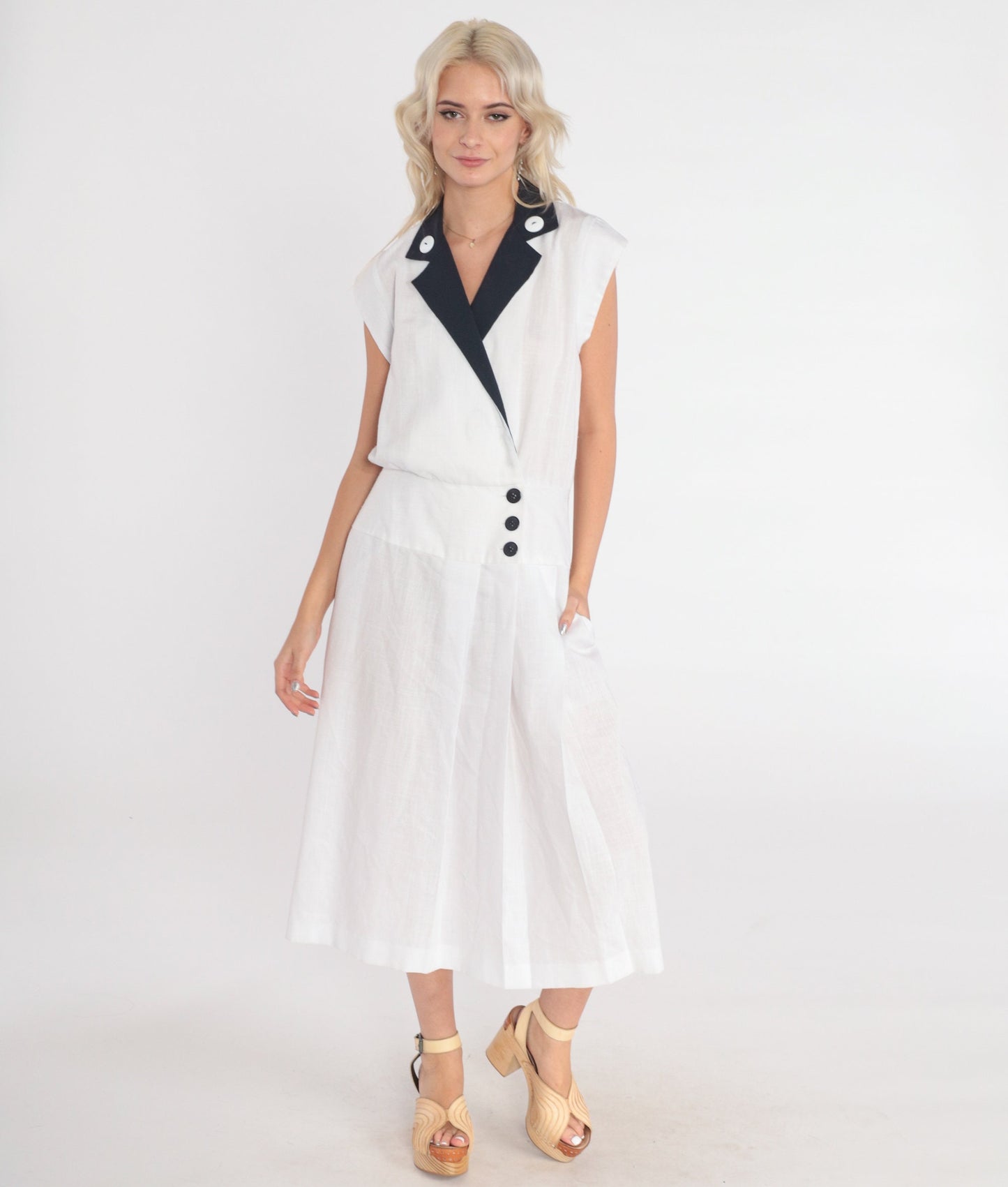 80s White Midi Wrap Dress Black Collar Cap Sleeve Button-Up Small