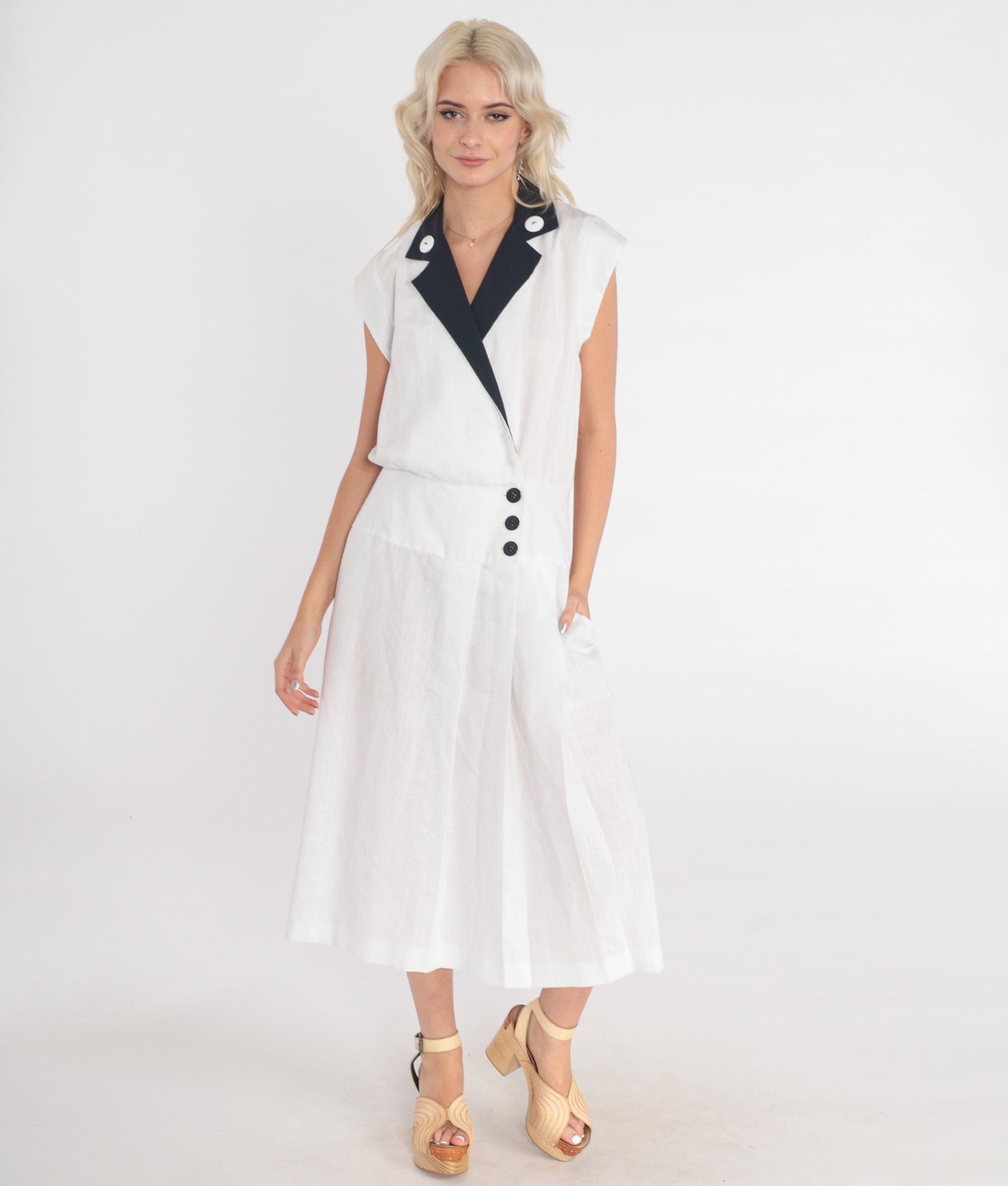 80s White Midi Wrap Dress Black Collar Cap Sleeve Button-Up Small