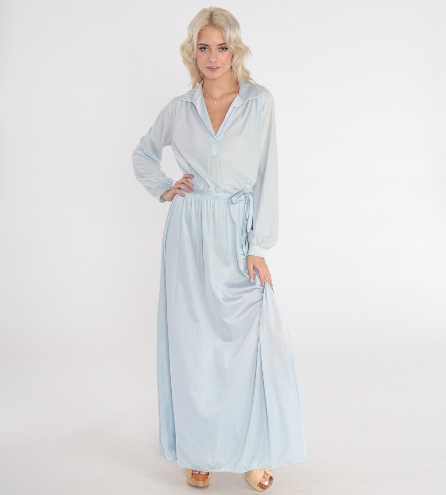 70s Light Blue Maxi Dress Collared V-Neck Long Sleeve High Waisted Medium Large