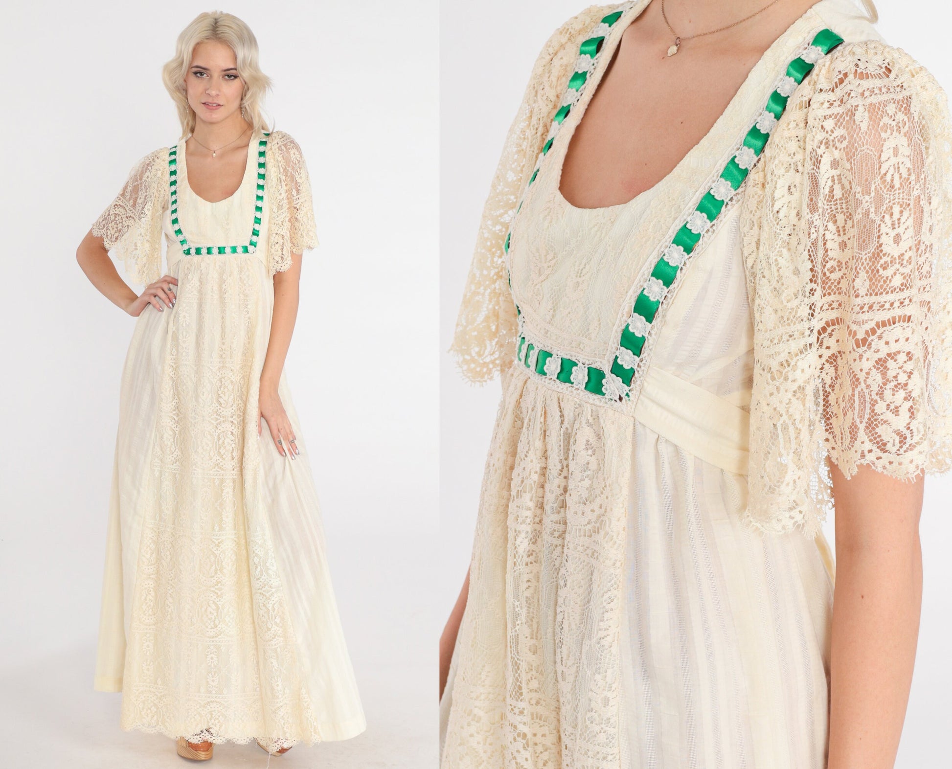 70s Cream Lace Maxi Dress Floral Green Ribbon Empire Waist Bell Sleeve Extra Small