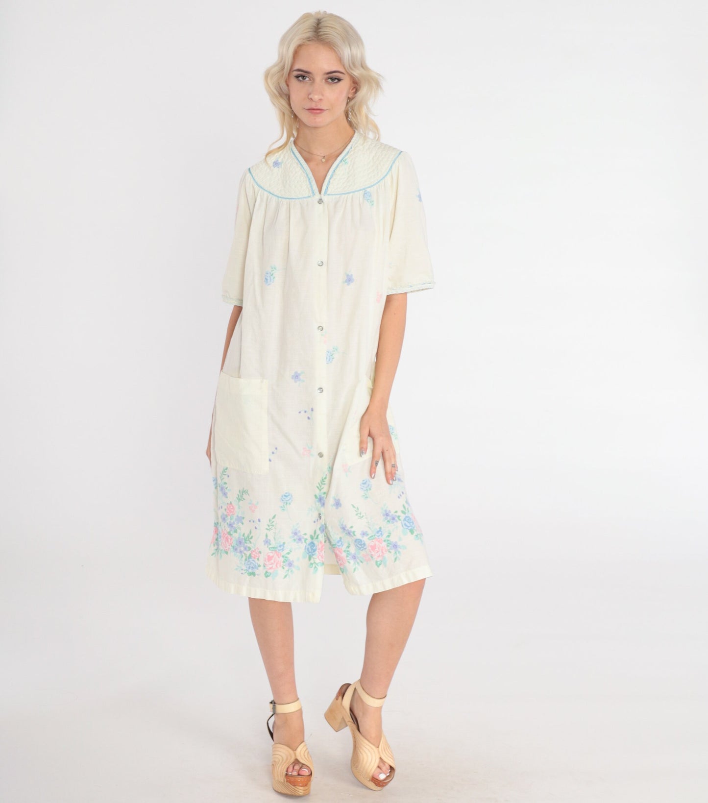 80s Pale Yellow Floral Nightgown Midi Snap-Front Pajama Dress Pockets Large L