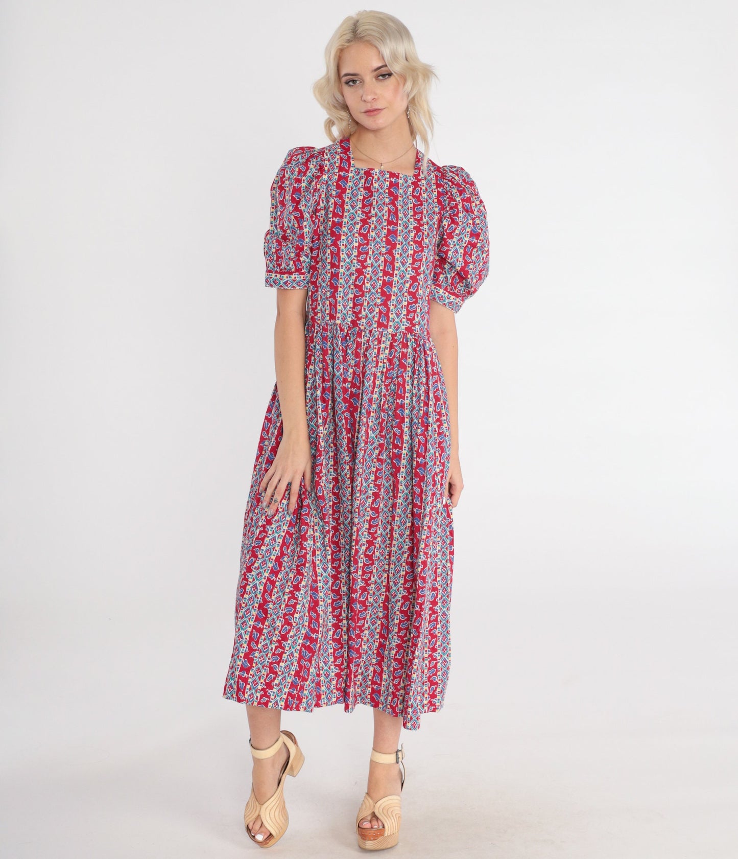 90s Laura Ashley Red Striped Leaf Print Midi Dress Puff Sleeve Medium