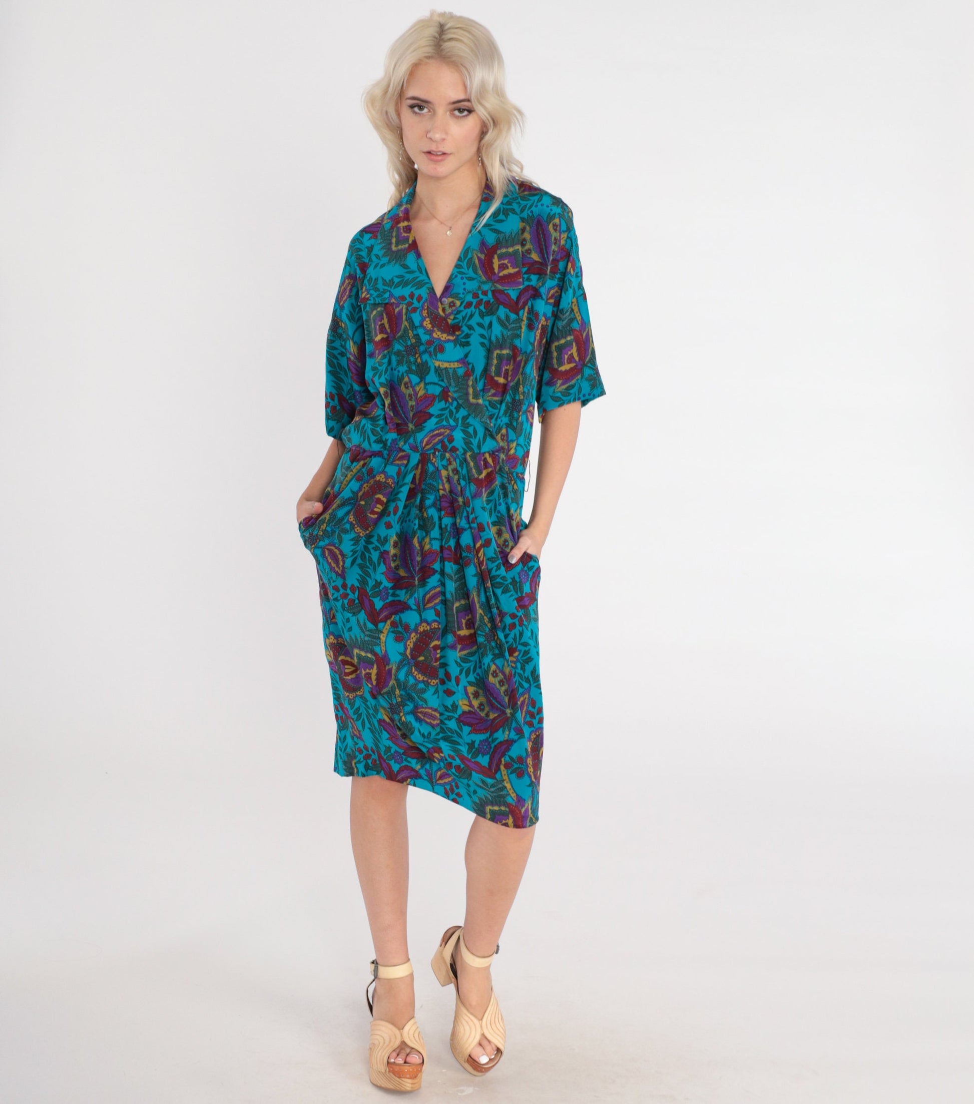 80s Blue Silk Floral Midi Dress High Waisted Collared V Neck Small