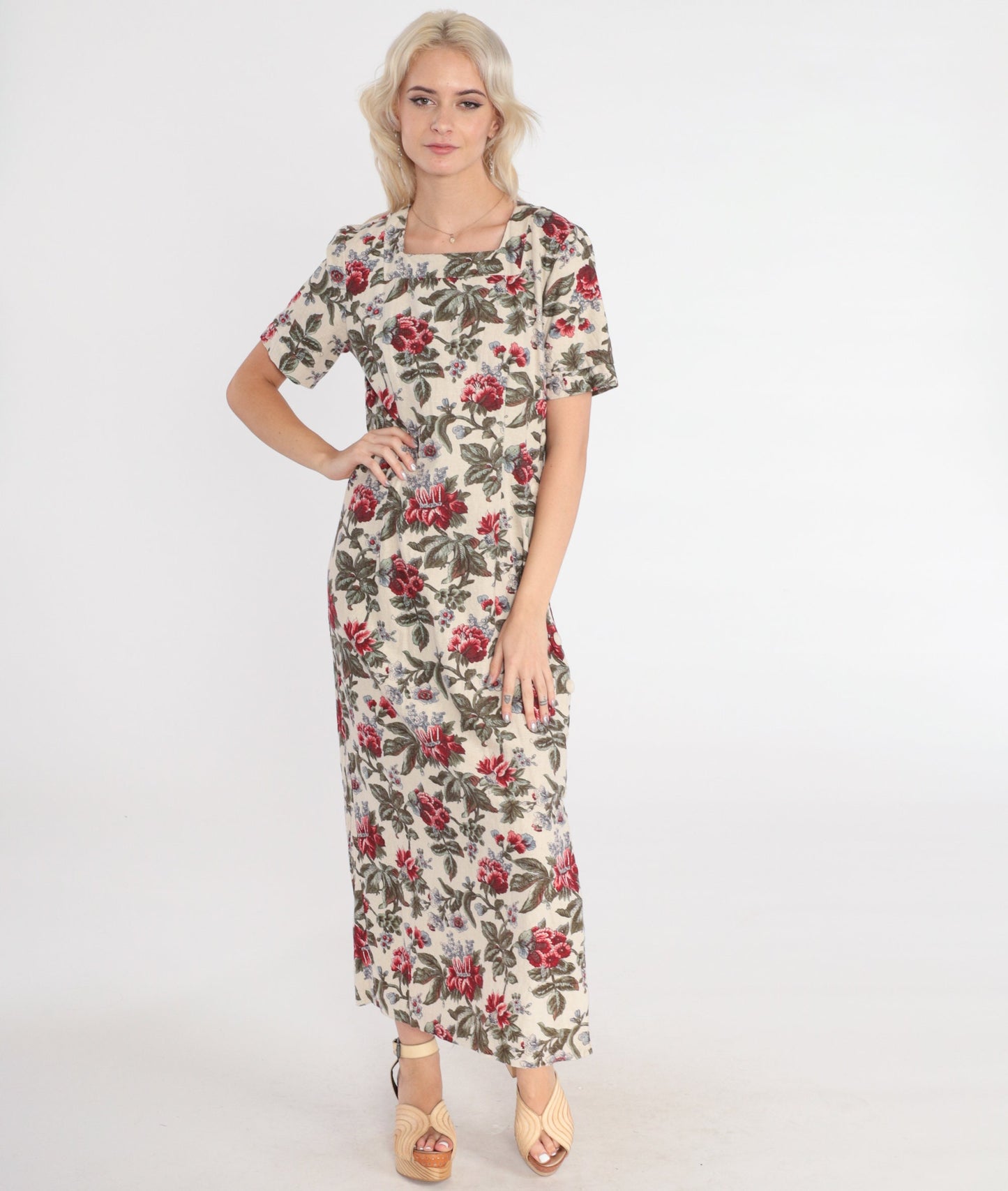90s Cream Floral Maxi Dress Short Sleeve Ankle Length Small S