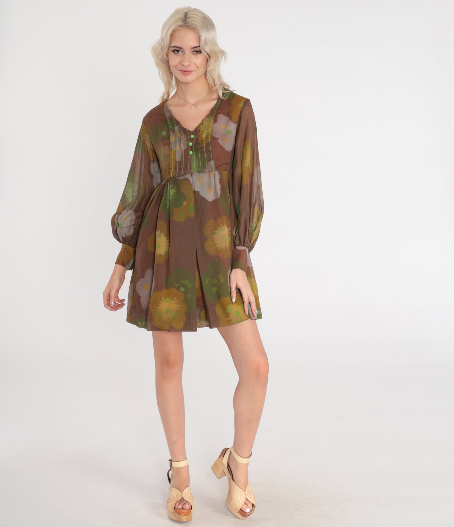 60s Brown Floral Babydoll Dress Mini Empire Waist Balloon Sleeve Extra Small