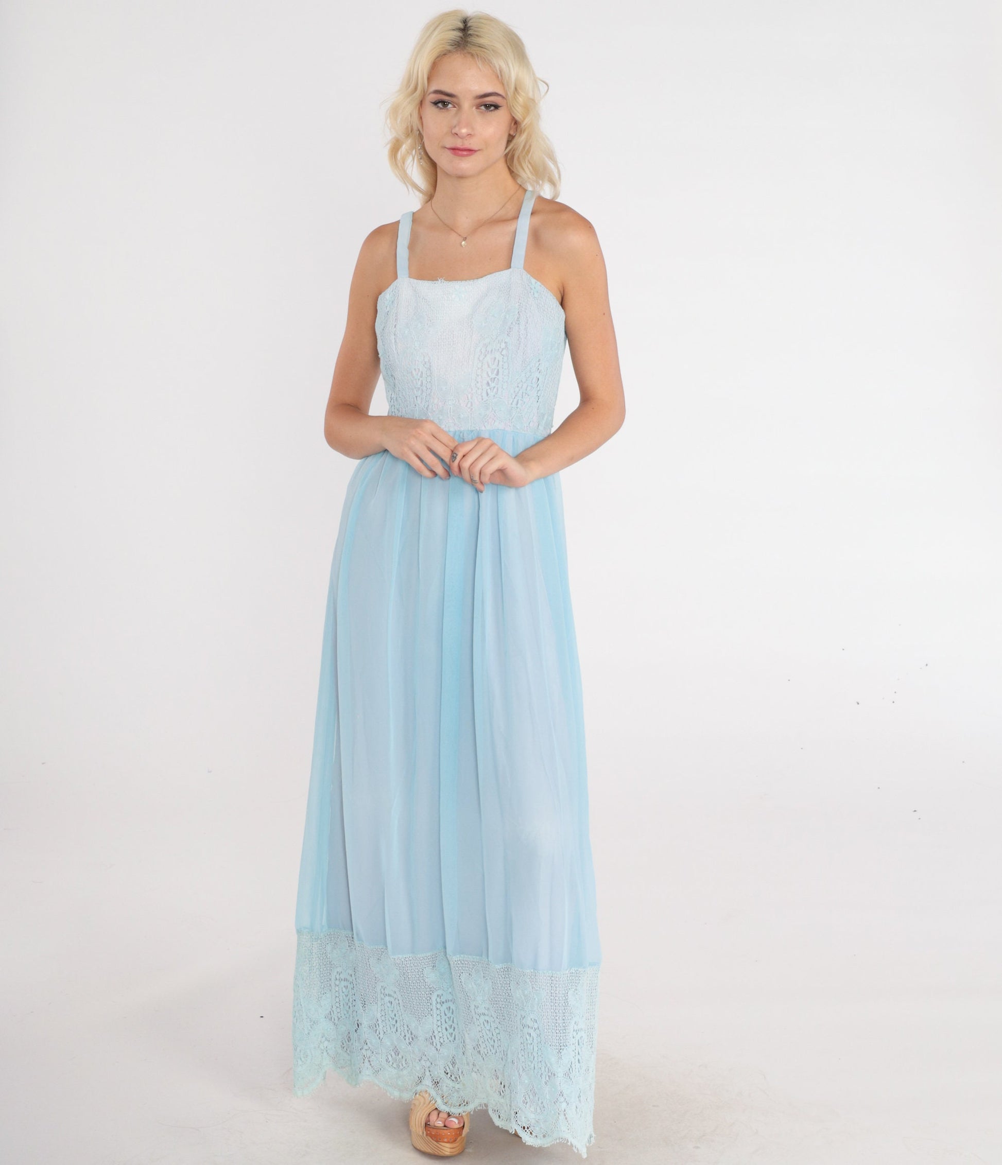 70s Baby Blue Lace Maxi Dress High Waist Tank Strap Sundress Small