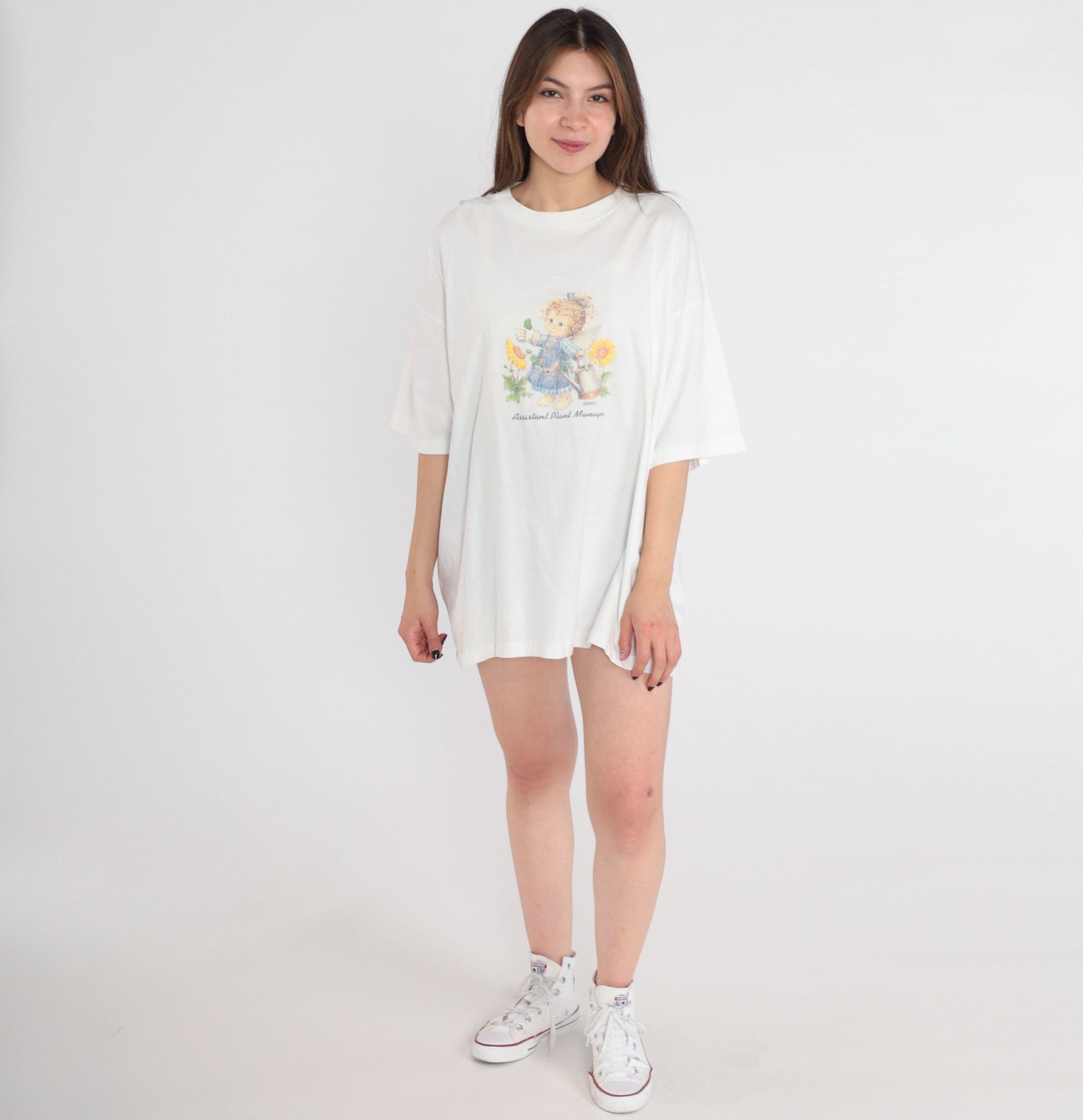 Y2K Assistant Plant Manager Gardening Angel Graphic Tee White Cotton Extra Large XXL