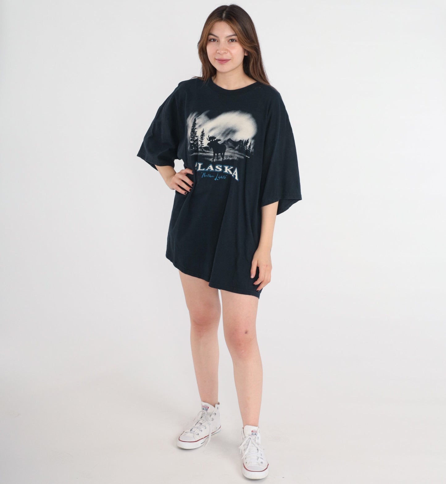 Y2K Alaska Moose Northern Lights Graphic Tee Cotton Plus Size XXL