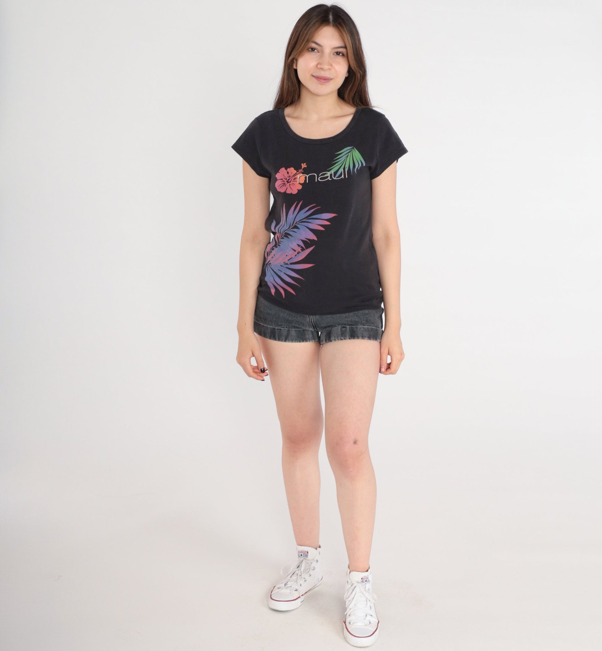 Y2K Crazy Shirts Maui Tropical Floral Graphic Tee Black Cotton Medium