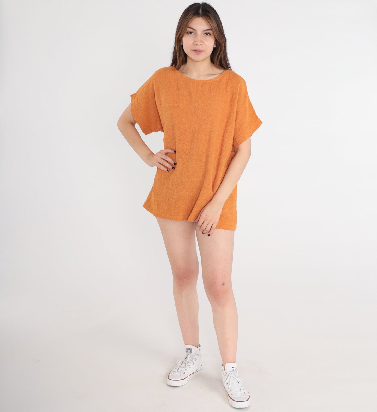 80s Burnt Orange Cotton Woven Blouse Short Sleeve Large L