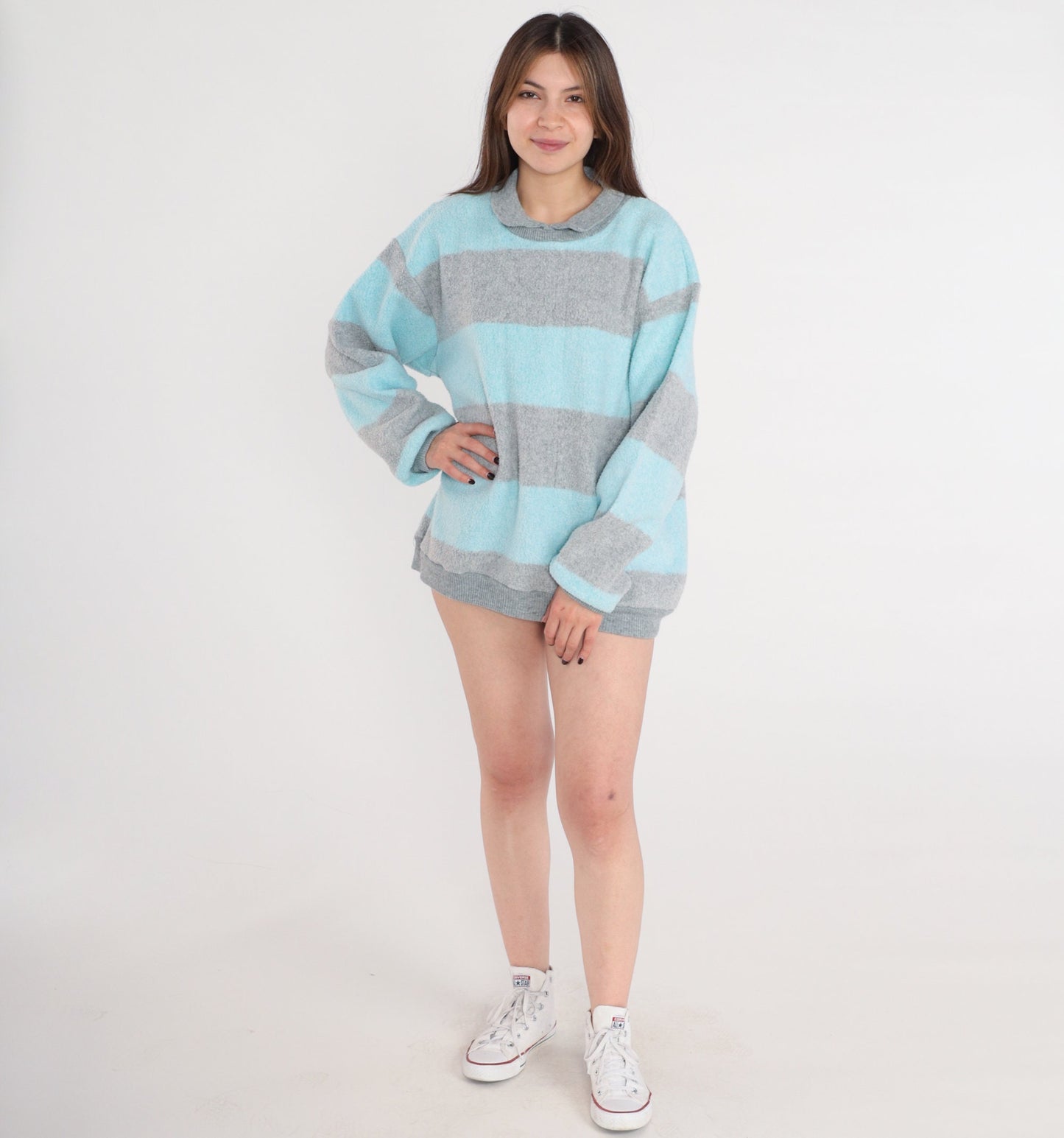 80s Striped Fleece Collared Sweatshirt Blue Grey Pullover Extra Large