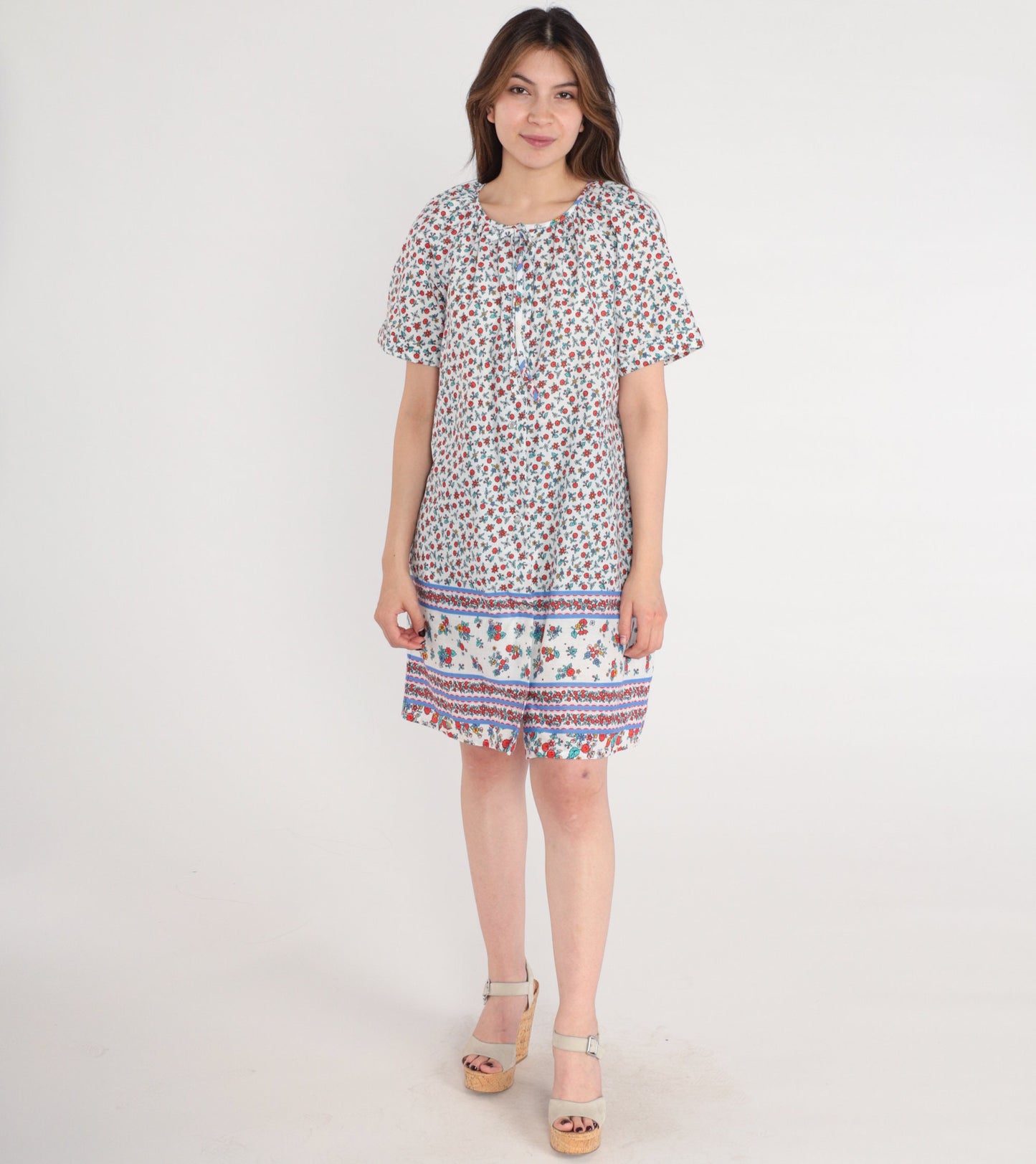 80s Leisure Life Floral Mini Nightgown Pearl Snap White Small