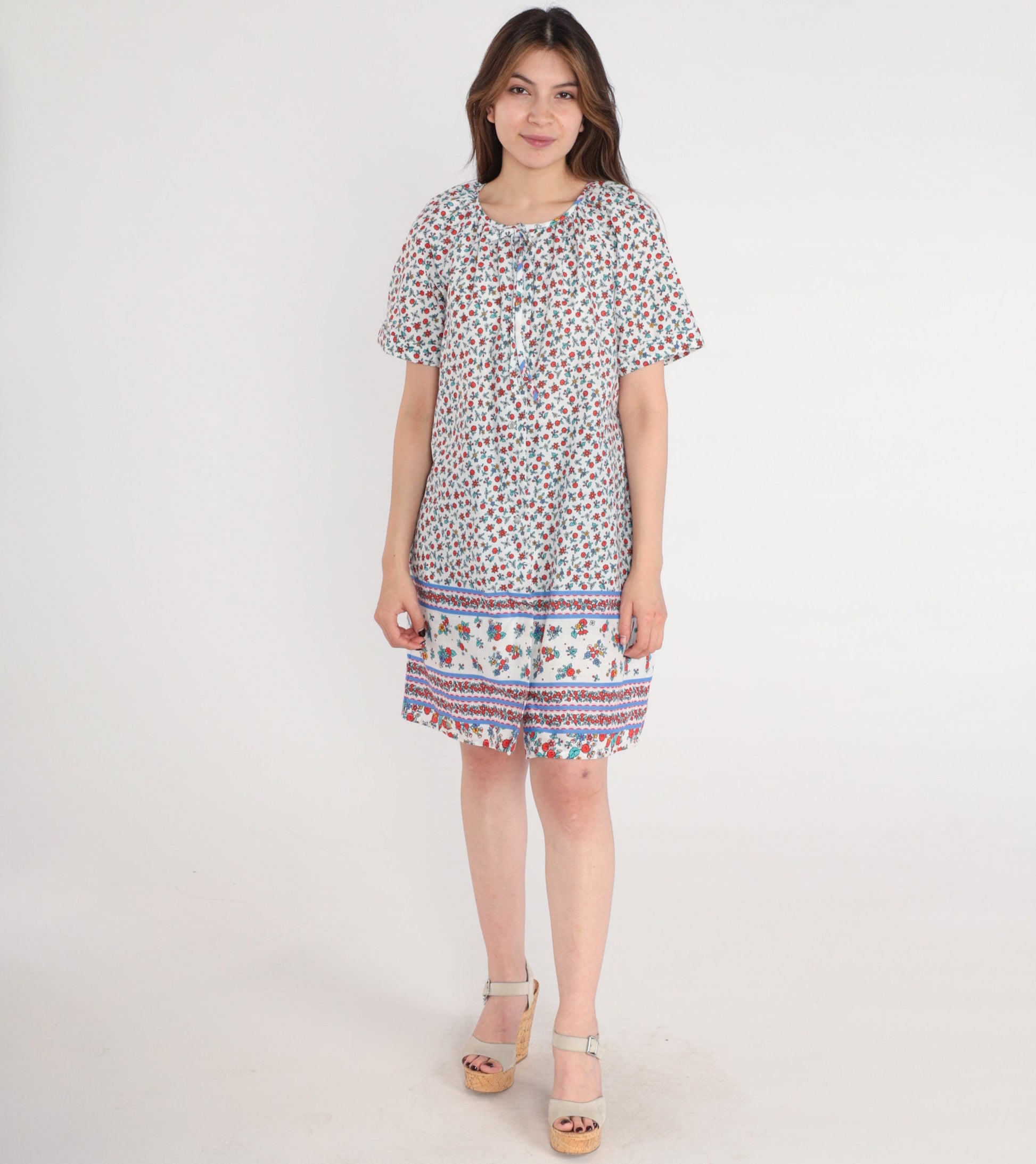 80s Leisure Life Floral Mini Nightgown Pearl Snap White Small