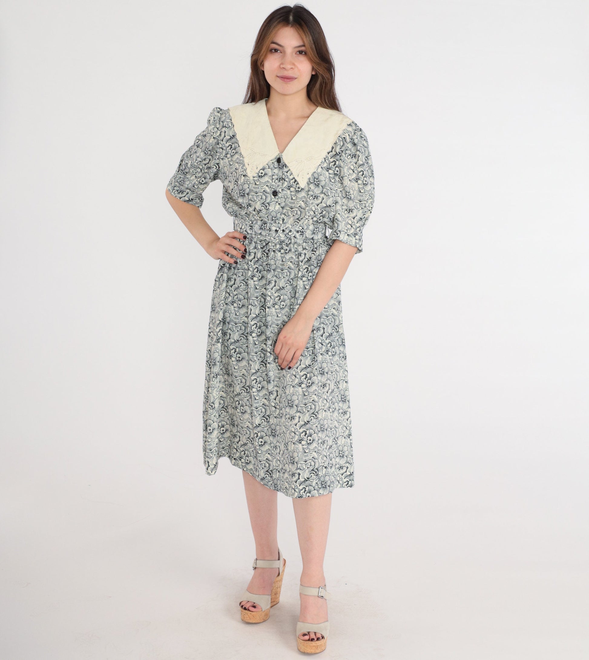 80s Black White Floral Embroidered Collar Puff Sleeve Mini Dress Medium
