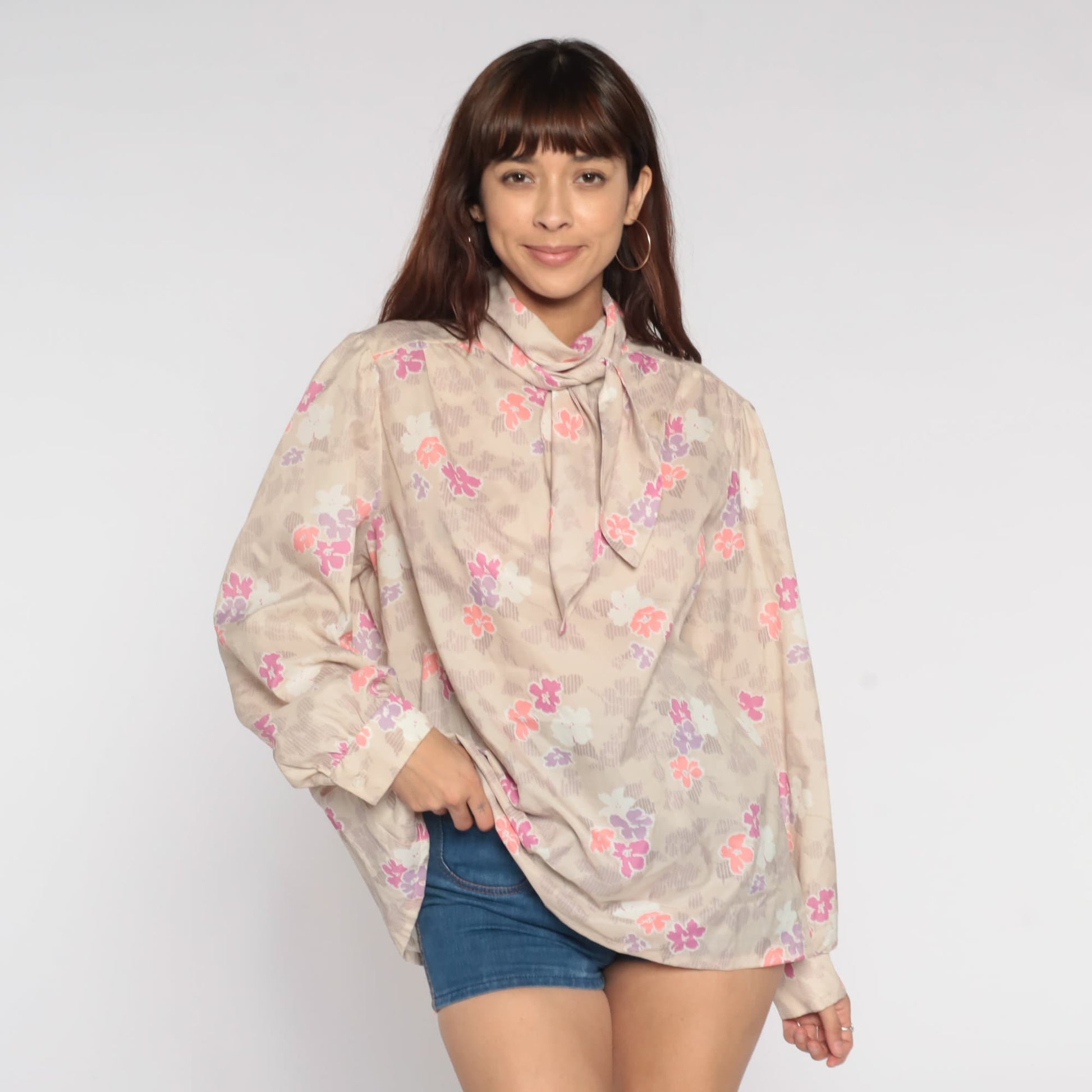 70s Floral Ascot Blouse Beige Neck Tie Long Sleeve Shirt Extra Large XXL