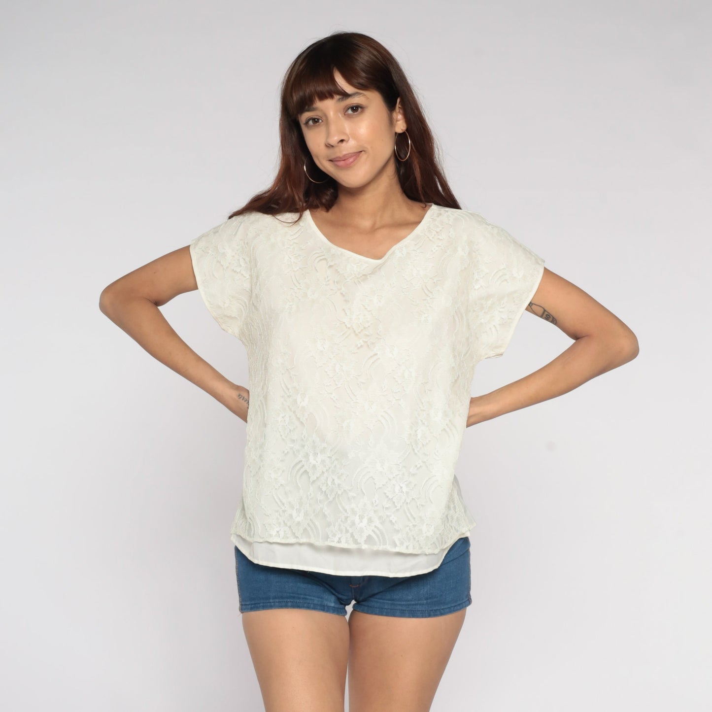 70s White Lace Blouse Cap Sleeve Scoop Neck Layered Front Large