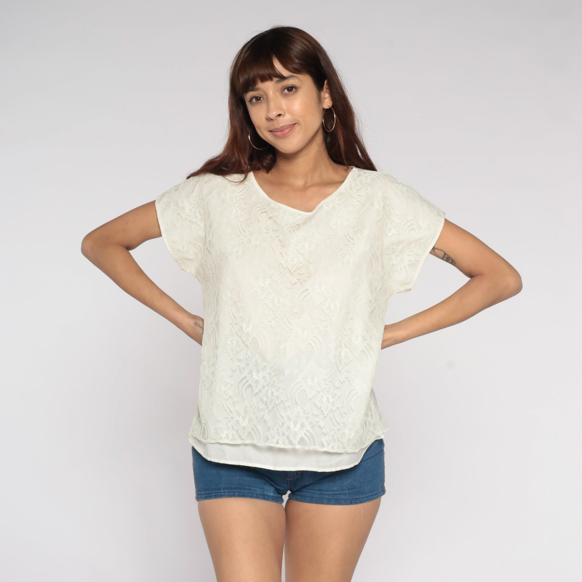 70s White Lace Blouse Cap Sleeve Scoop Neck Layered Front Large