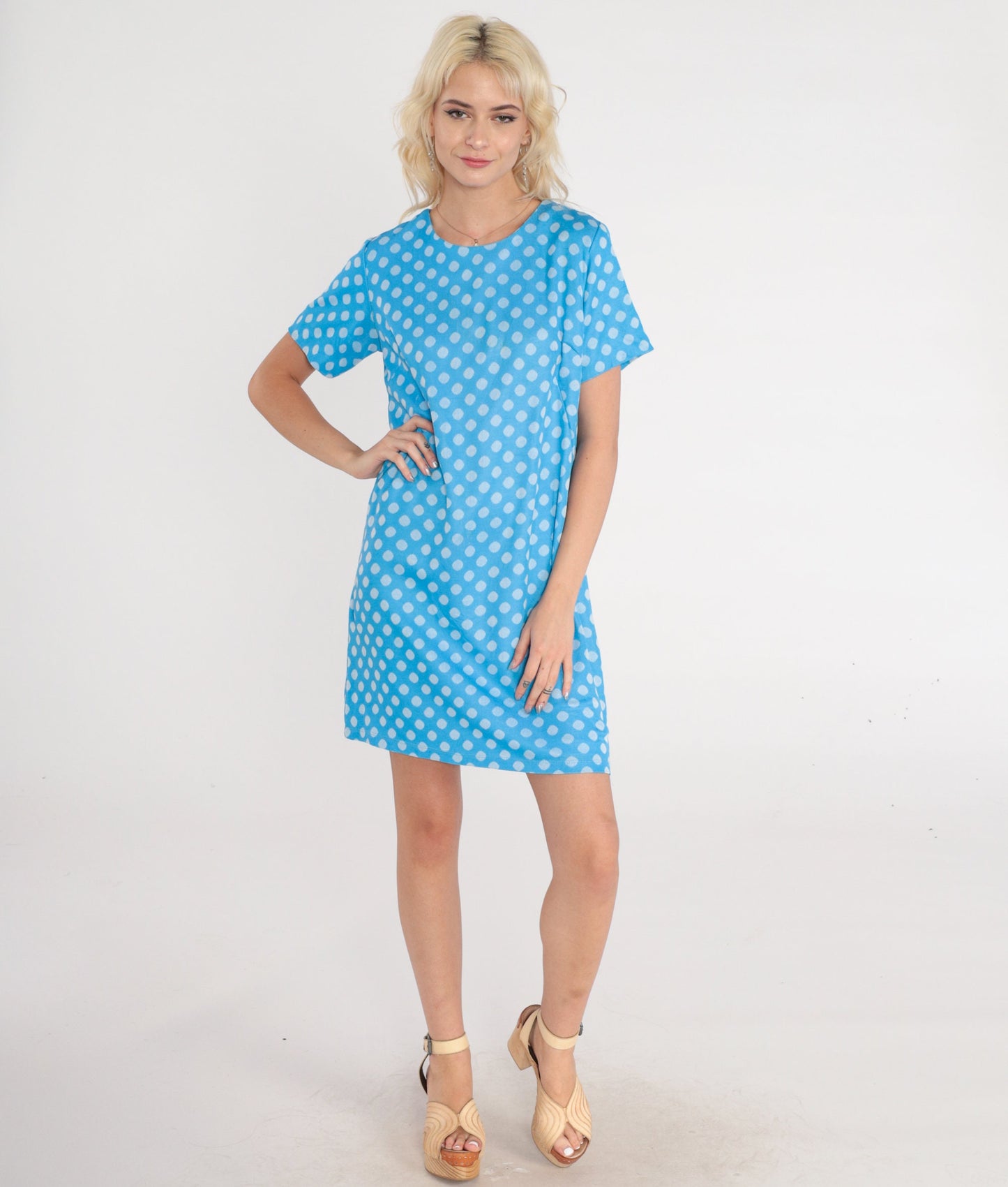 60s Blue Polka Dot Shift Dress Mini Mod Space Age Short Sleeve Small S